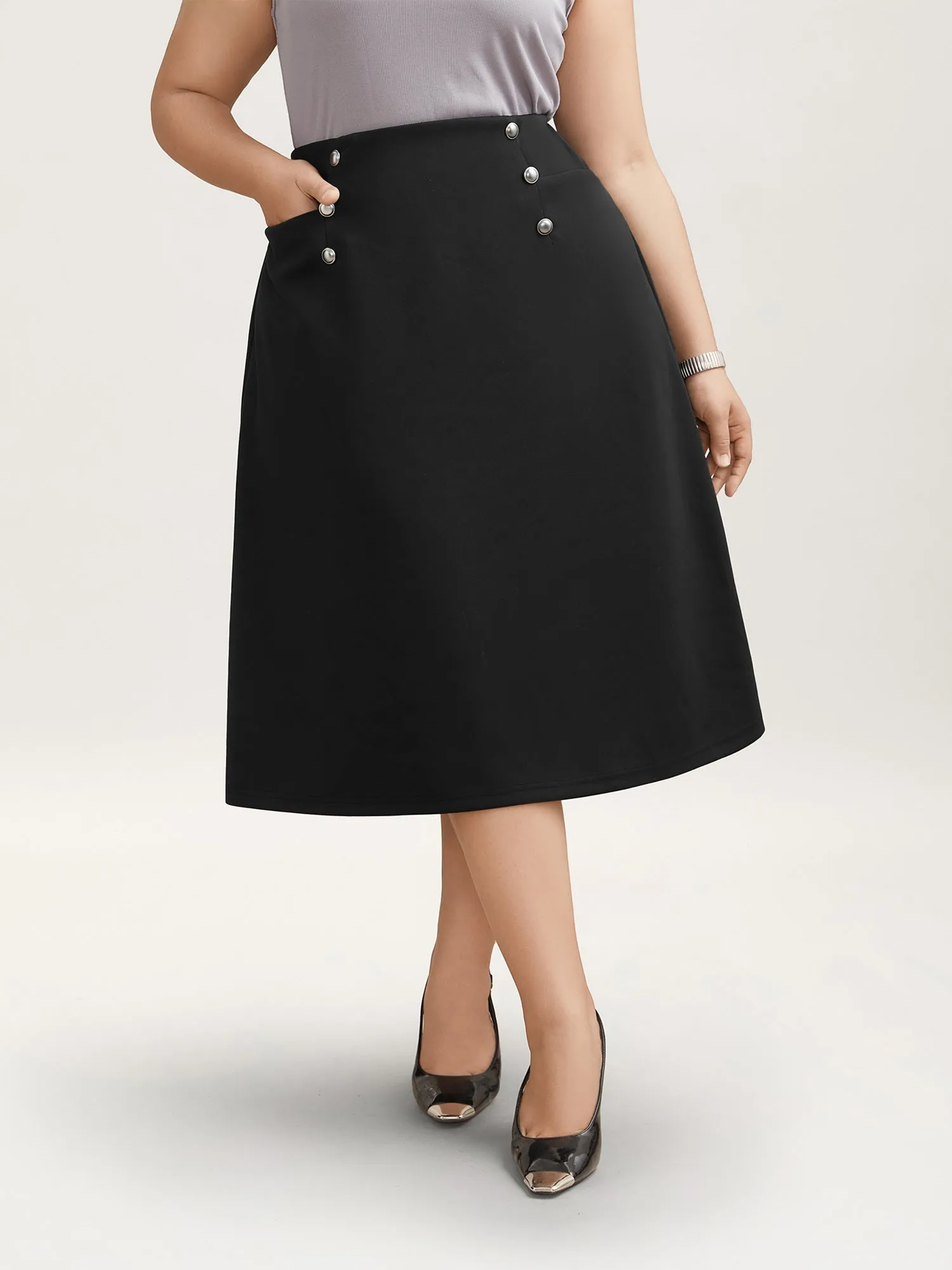 Buckle Side Buttons Flared Midi Skirt sold by Bloomchic product image thumbnail 2