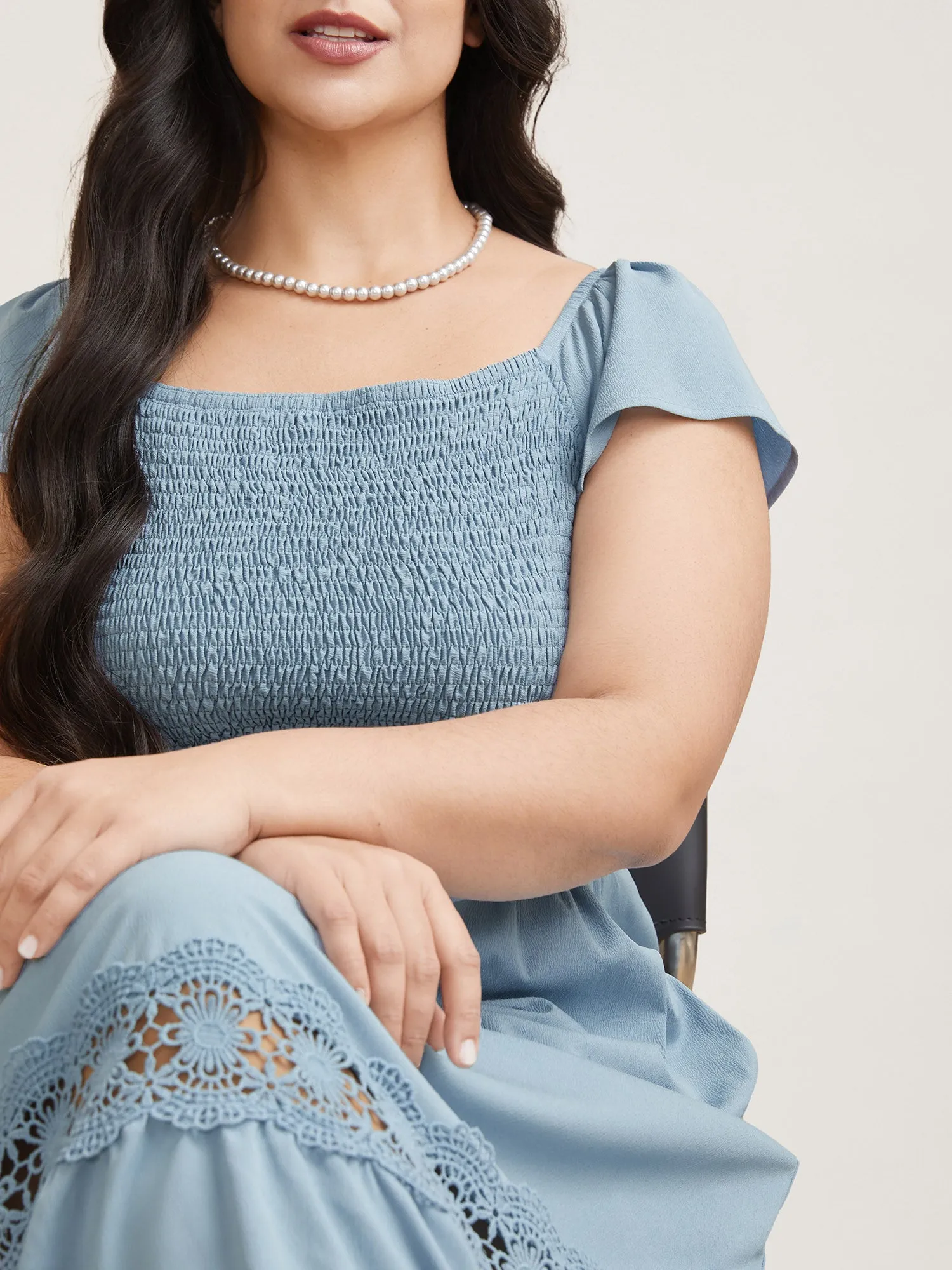 Shirred Stretchy Waist Lace Trim Midi Dress sold by Bloomchic product image thumbnail 2