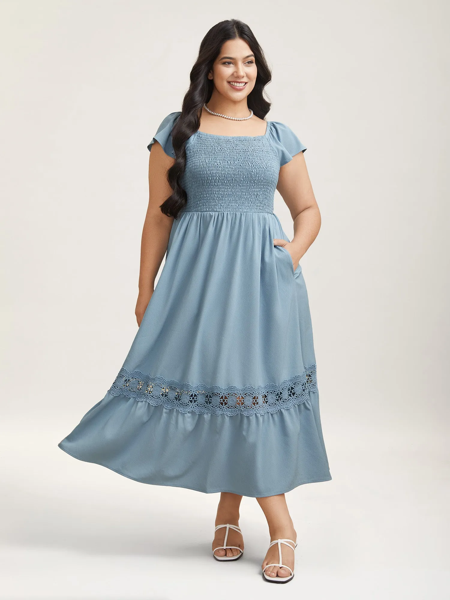 Shirred Stretchy Waist Lace Trim Midi Dress sold by Bloomchic product image thumbnail 3