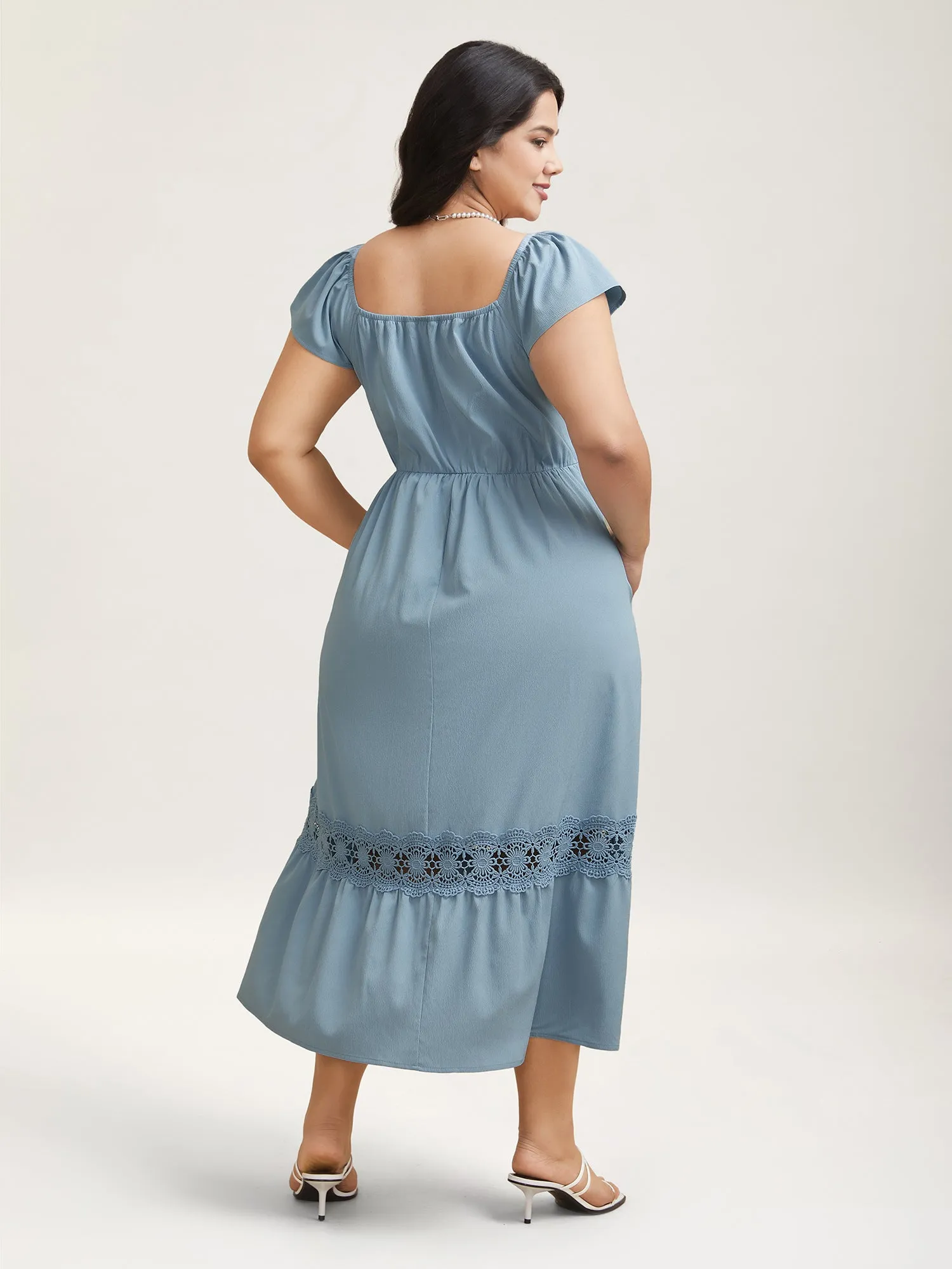 Shirred Stretchy Waist Lace Trim Midi Dress sold by Bloomchic product image thumbnail 4