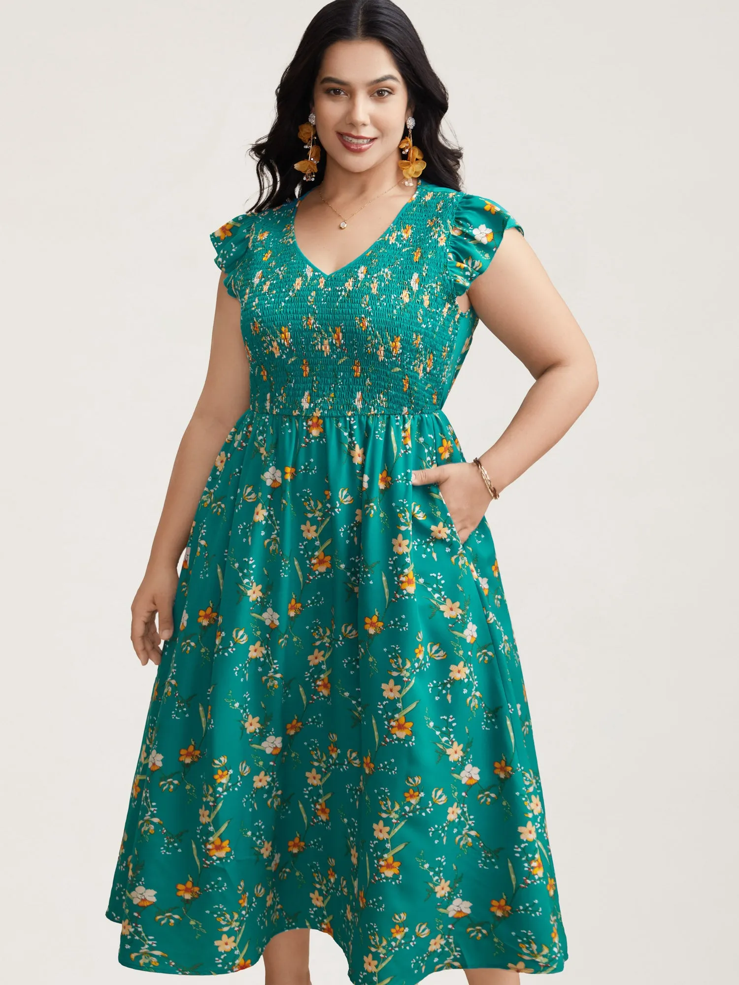 Shirred Printed Flutter Sleeve Pockets Maxi Dress sold by Bloomchic product image thumbnail 4