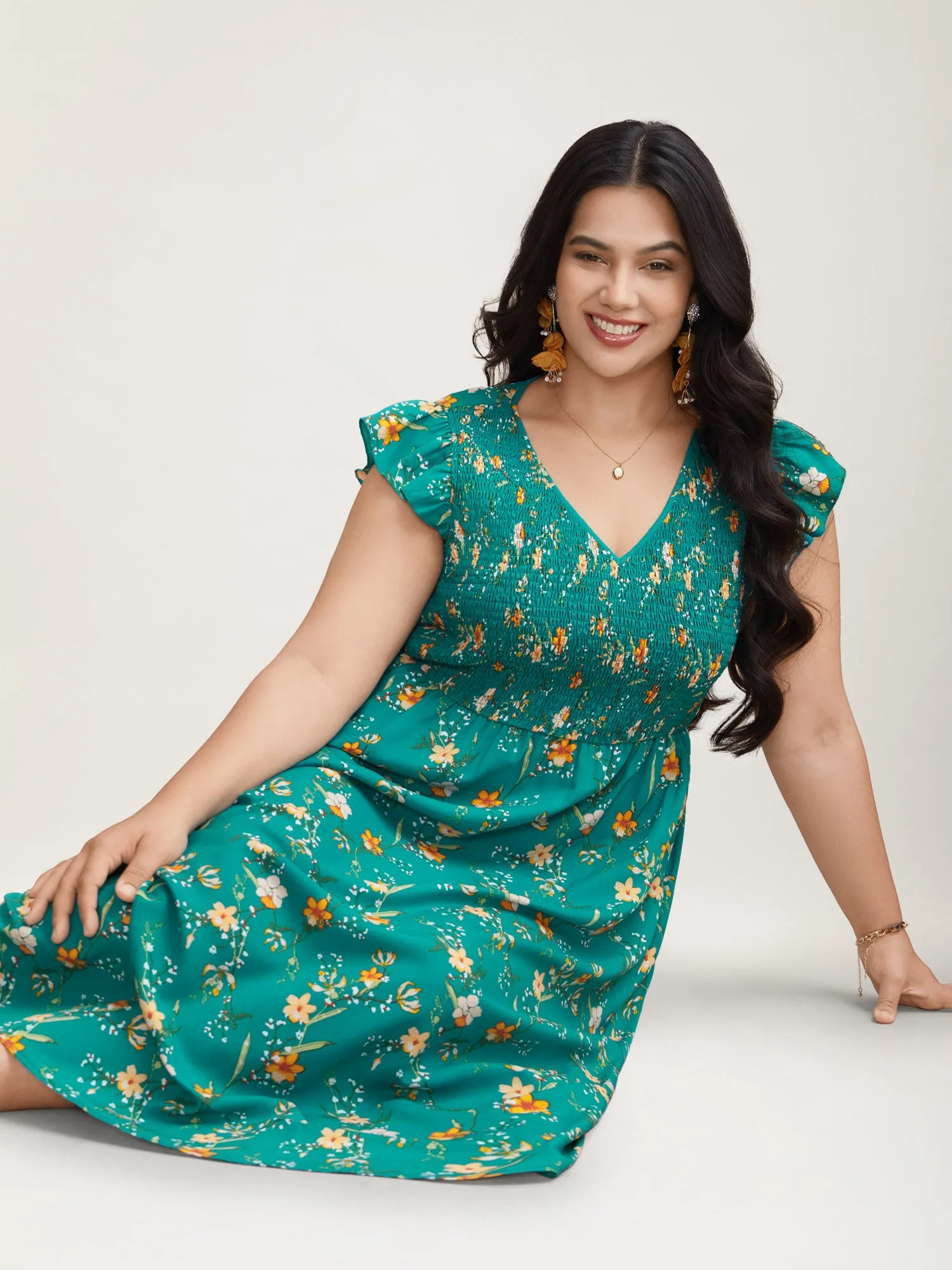 Shirred Printed Flutter Sleeve Pockets Maxi Dress sold by Bloomchic product image thumbnail 3