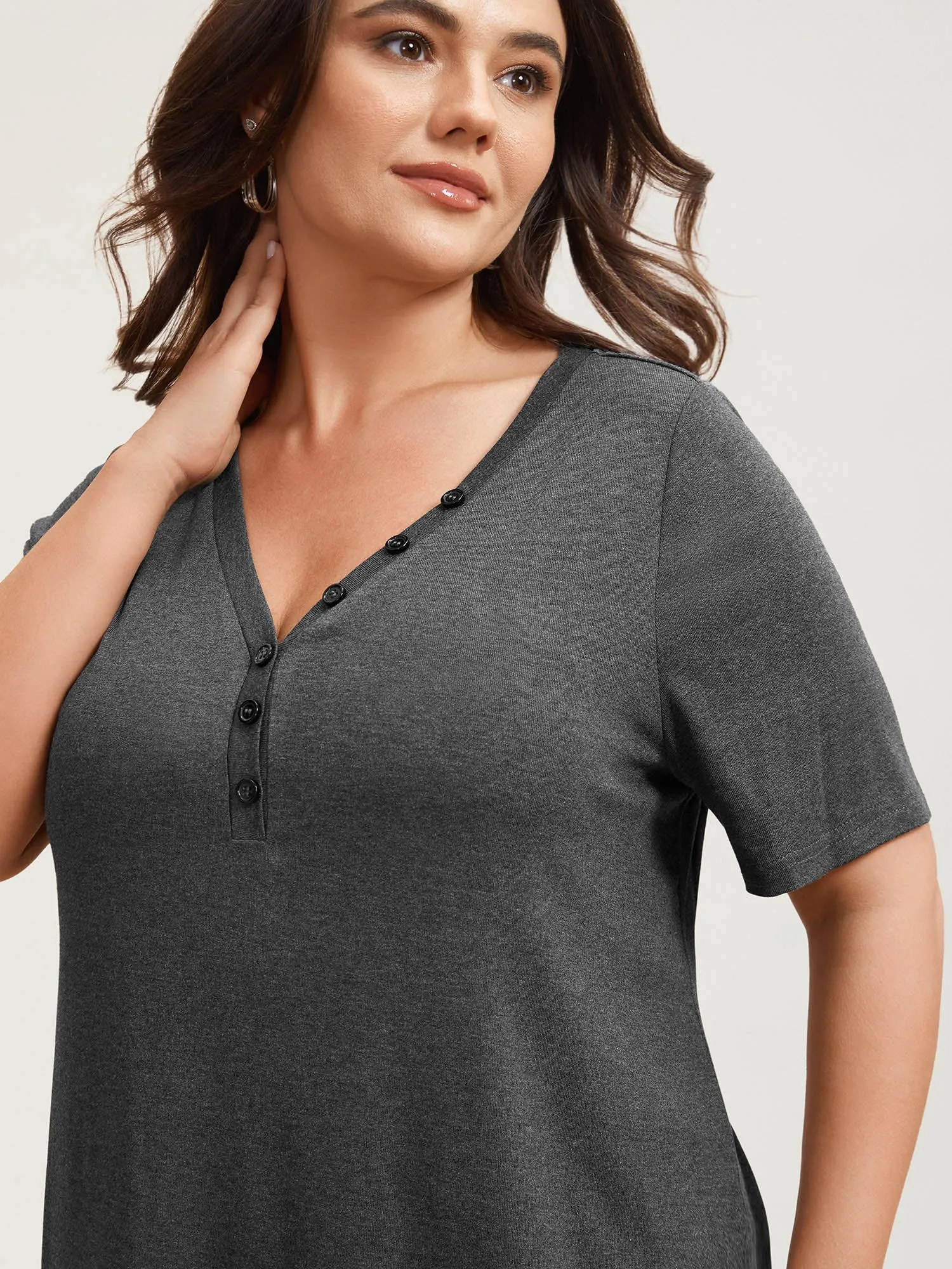 Adjustable Neck Coverage Button Placket T-Shirt sold by Bloomchic