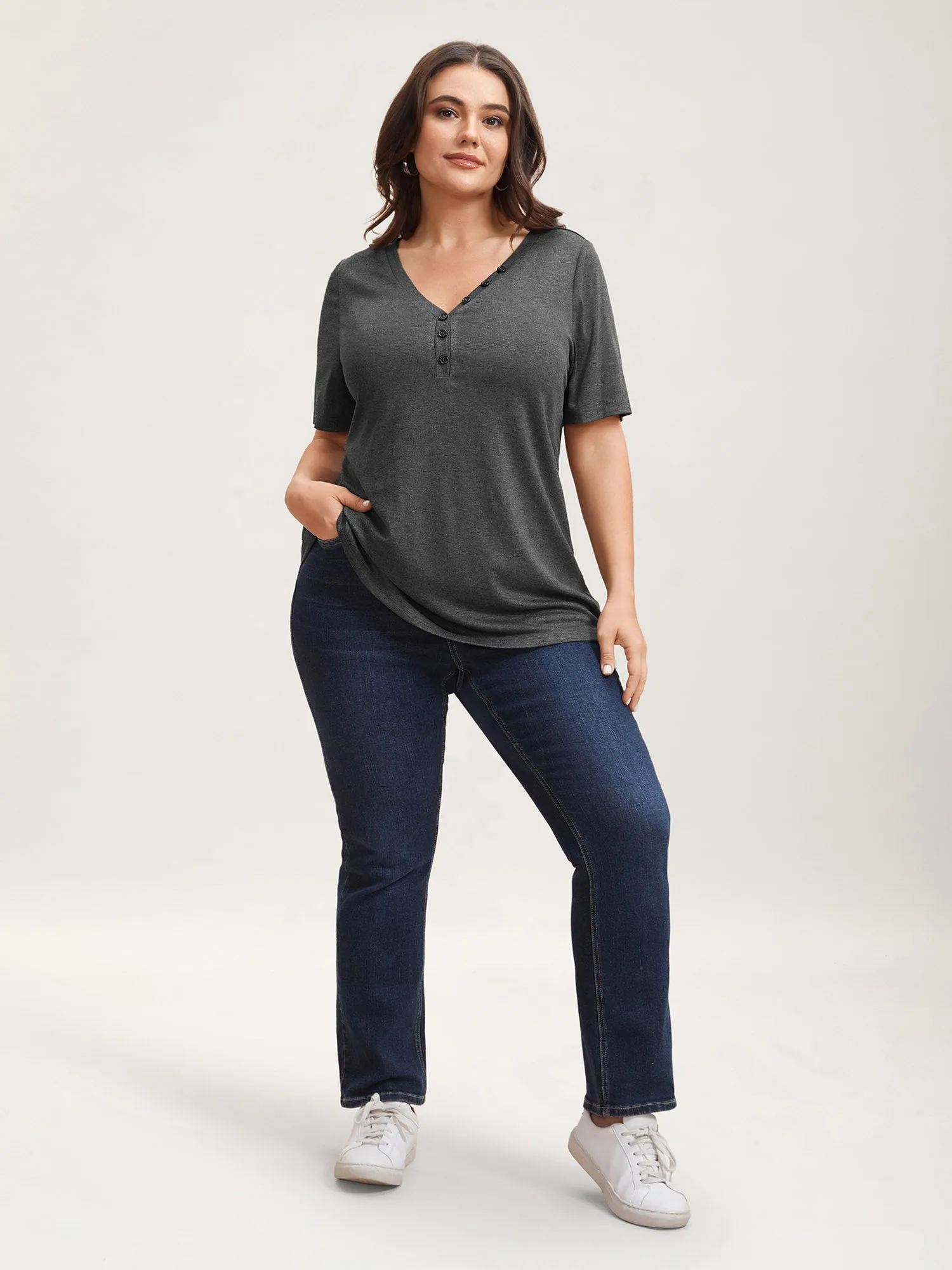 Adjustable Neck Coverage Button Placket T-Shirt sold by Bloomchic product image thumbnail 3