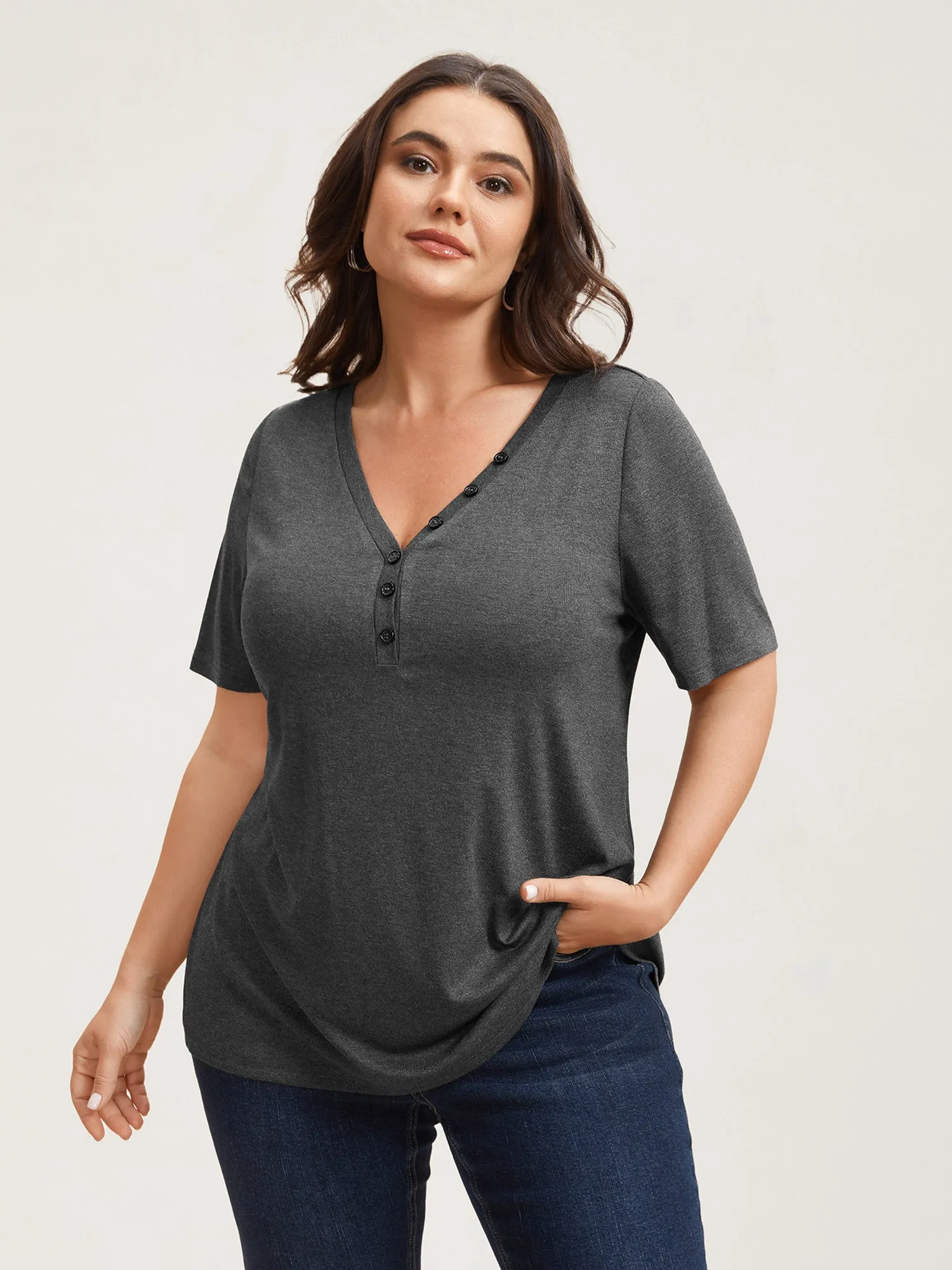 Adjustable Neck Coverage Button Placket T-Shirt sold by Bloomchic product image thumbnail 2