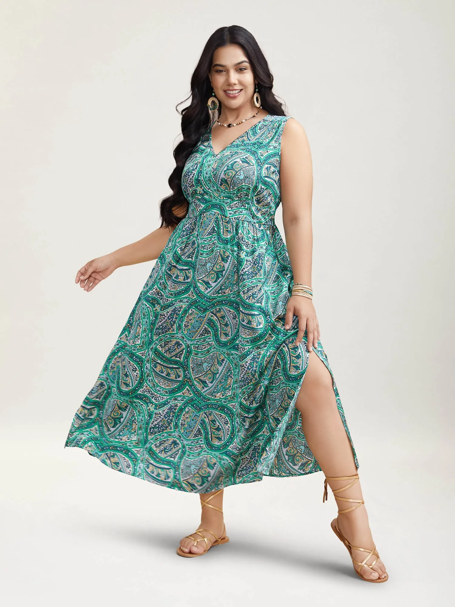 Paisley Print Off-Sleeve V-Neck Midi Dress sold by Bloomchic