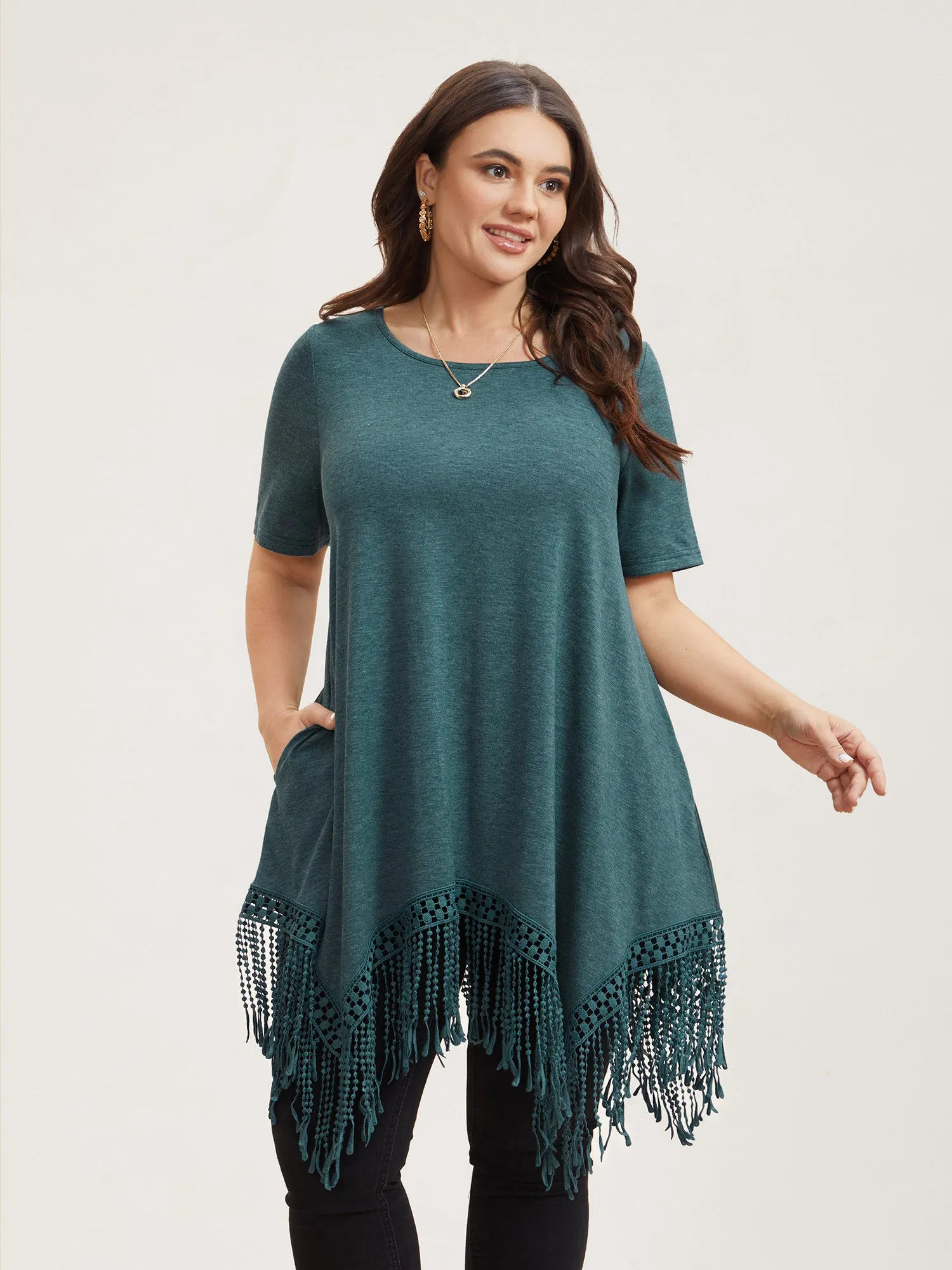 Hi-Low Tassel Hem Stretchy Plain T-Shirt sold by Bloomchic product image thumbnail 3