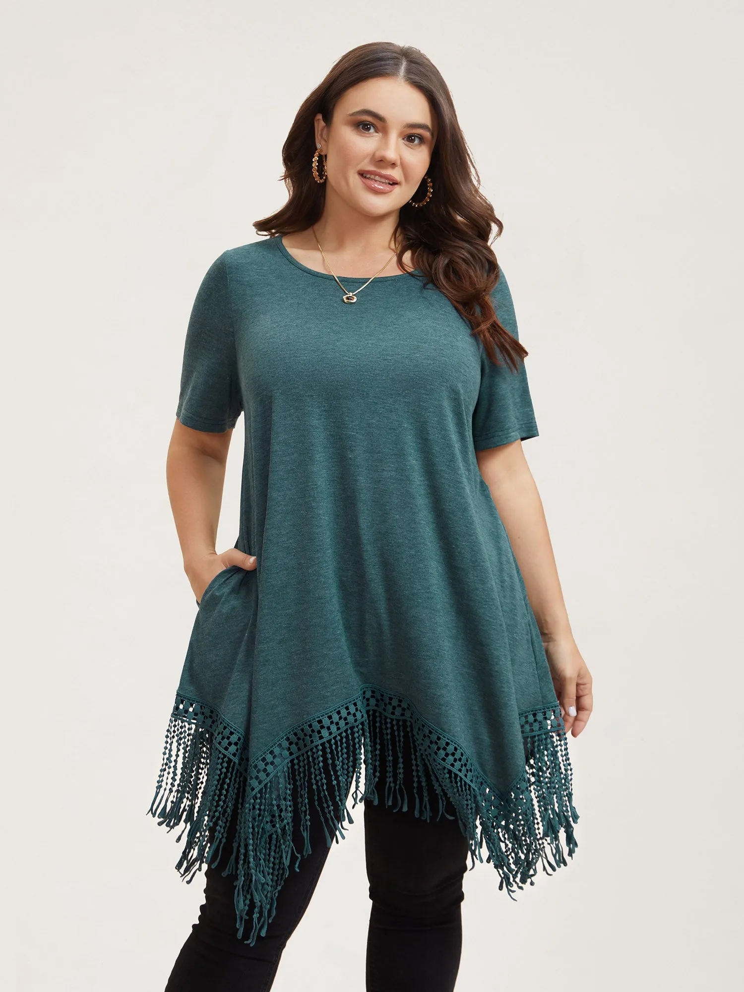 Hi-Low Tassel Hem Stretchy Plain T-Shirt sold by Bloomchic