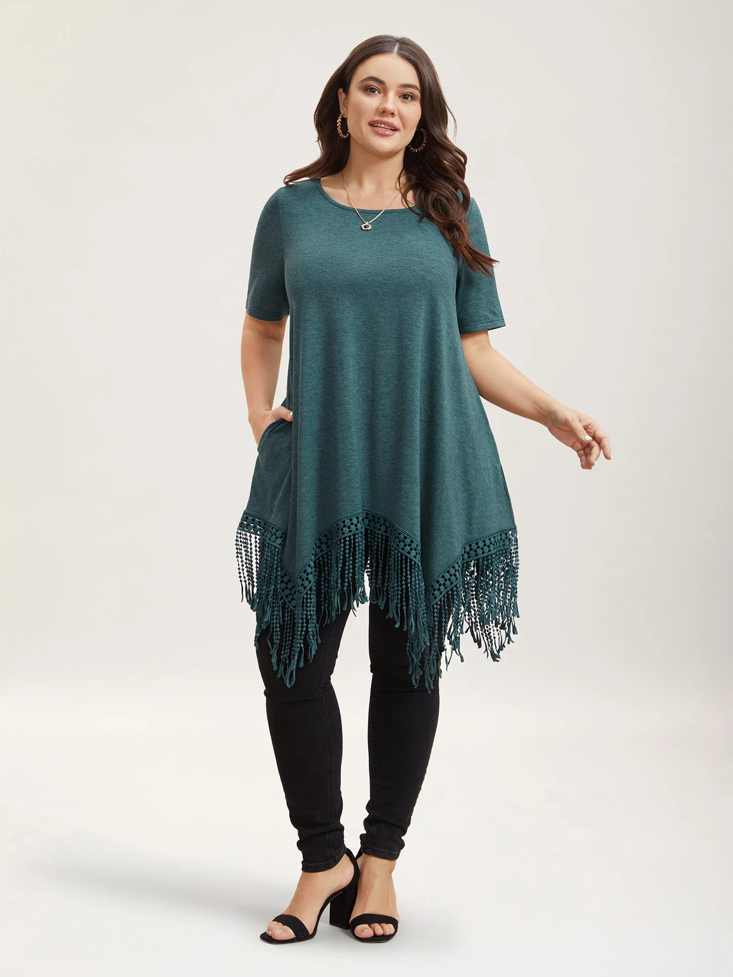Hi-Low Tassel Hem Stretchy Plain T-Shirt sold by Bloomchic product image thumbnail 4