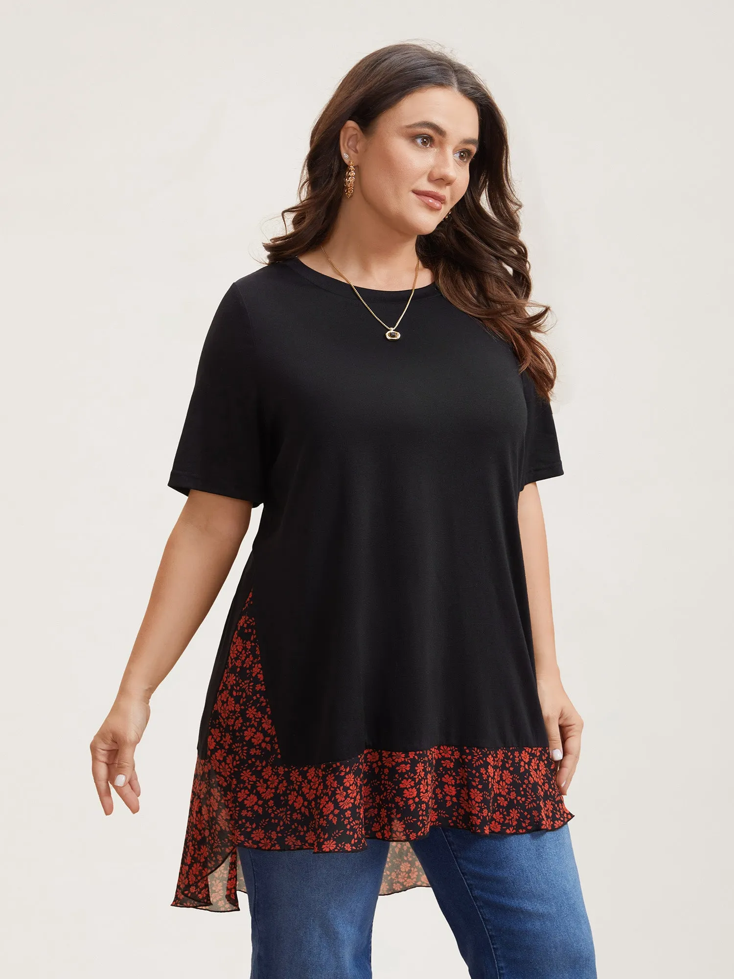 Printed Panel Hi-Low Hem Round Neck Top sold by Bloomchic product image thumbnail 4