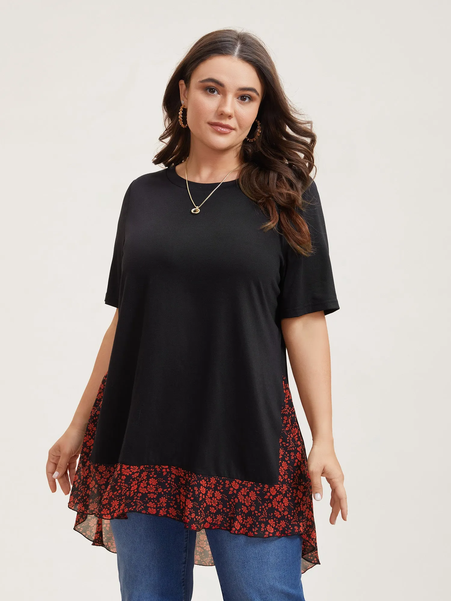 Printed Panel Hi-Low Hem Round Neck Top sold by Bloomchic