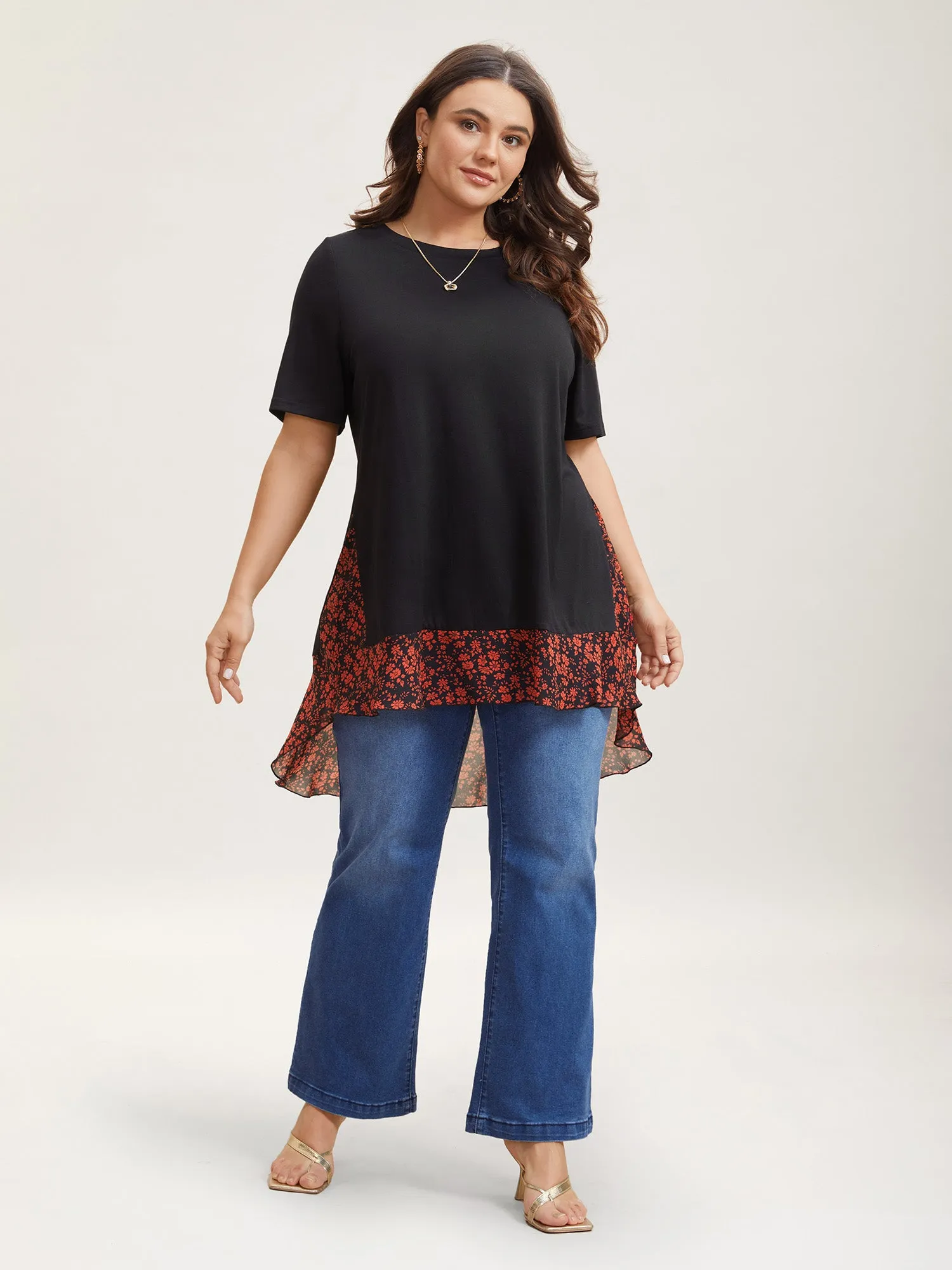 Printed Panel Hi-Low Hem Round Neck Top sold by Bloomchic product image thumbnail 2