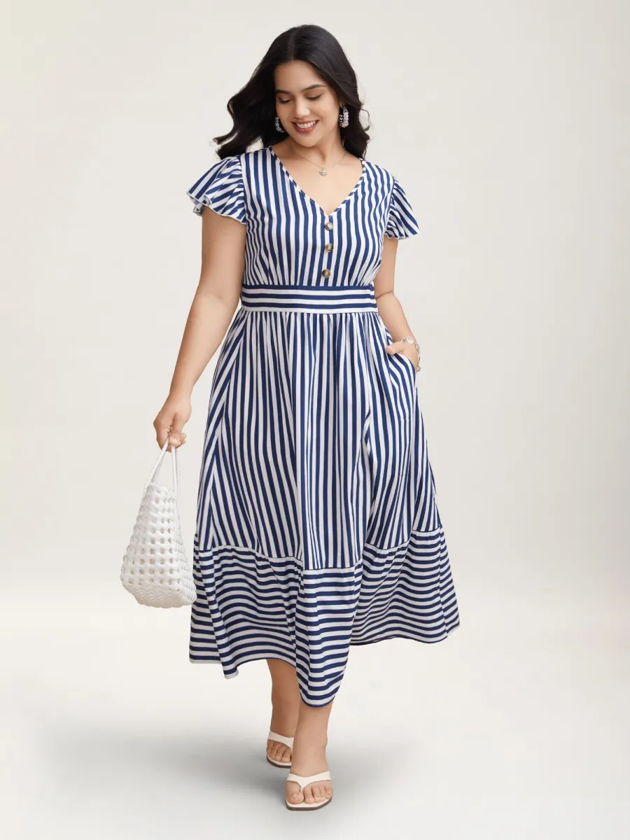 Nautical Stripes Stretchy Waist Tiered Midi Dress sold by Bloomchic