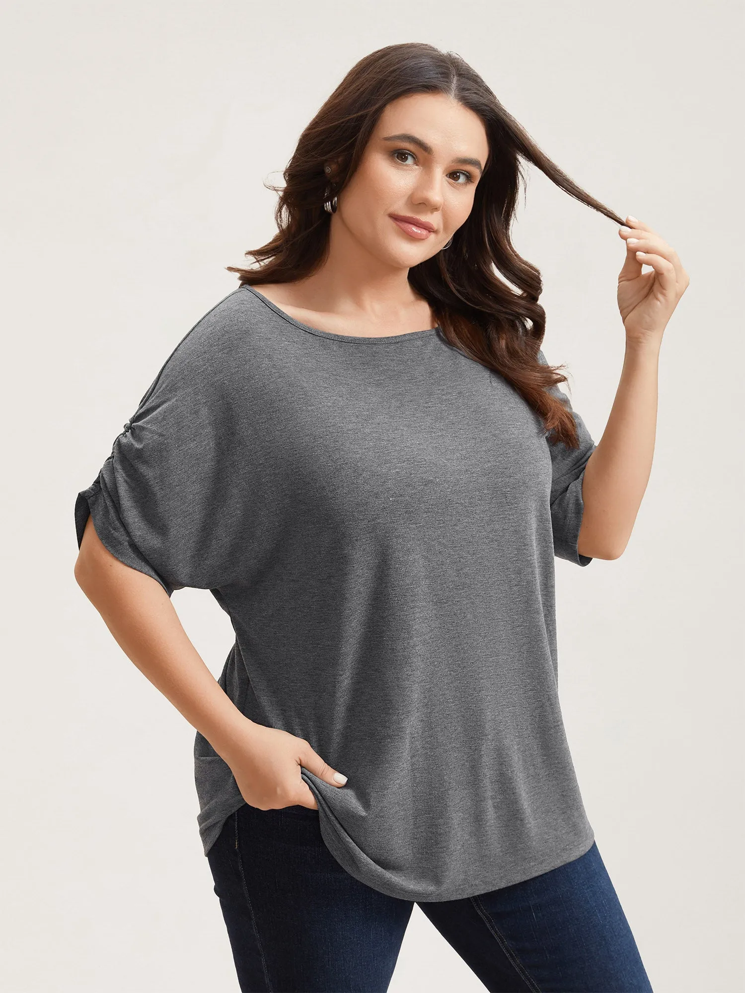 Stretchy Solid Color Gathered Sleeve T-Shirt sold by Bloomchic product image thumbnail 3