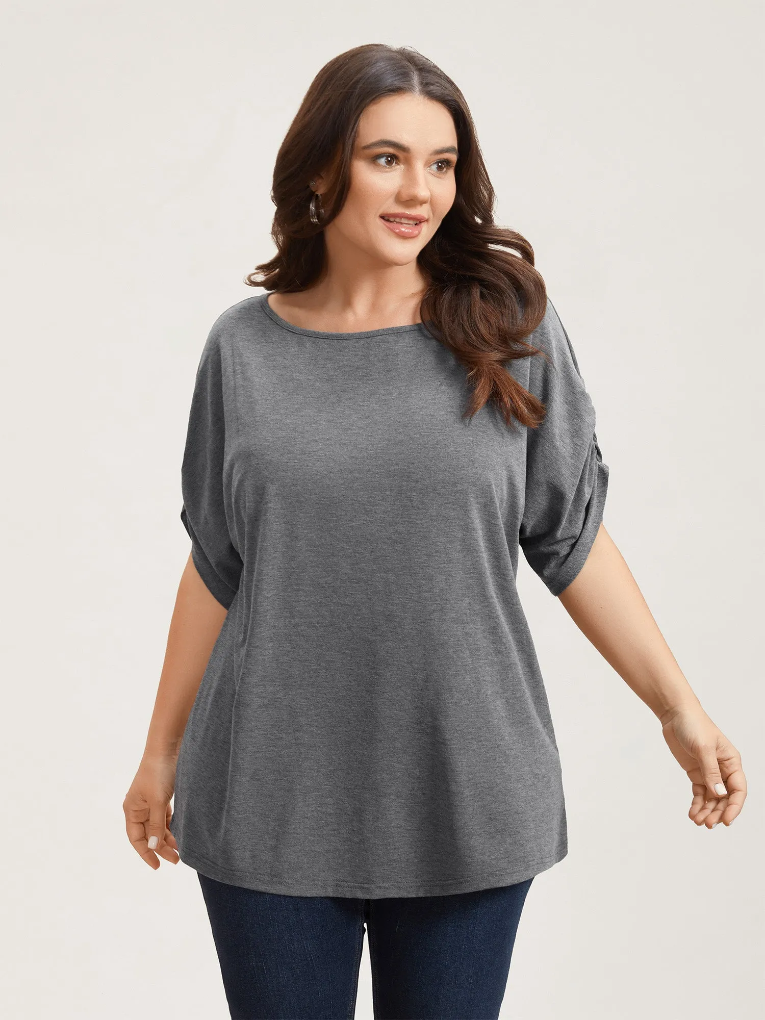 Stretchy Solid Color Gathered Sleeve T-Shirt sold by Bloomchic