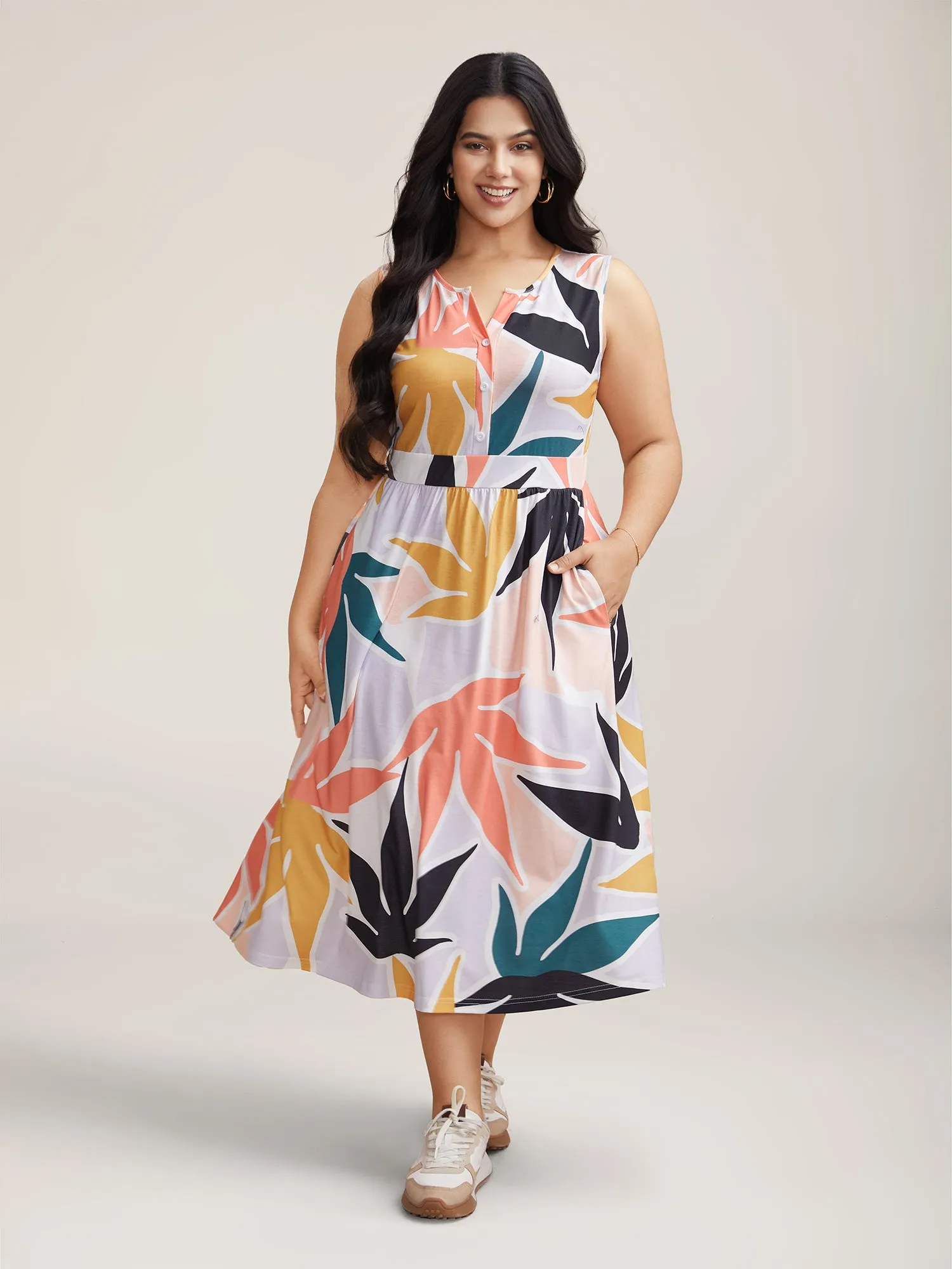 Fall Leaf Print Stretchy Waist Placket Midi Dress sold by Bloomchic product image thumbnail 2