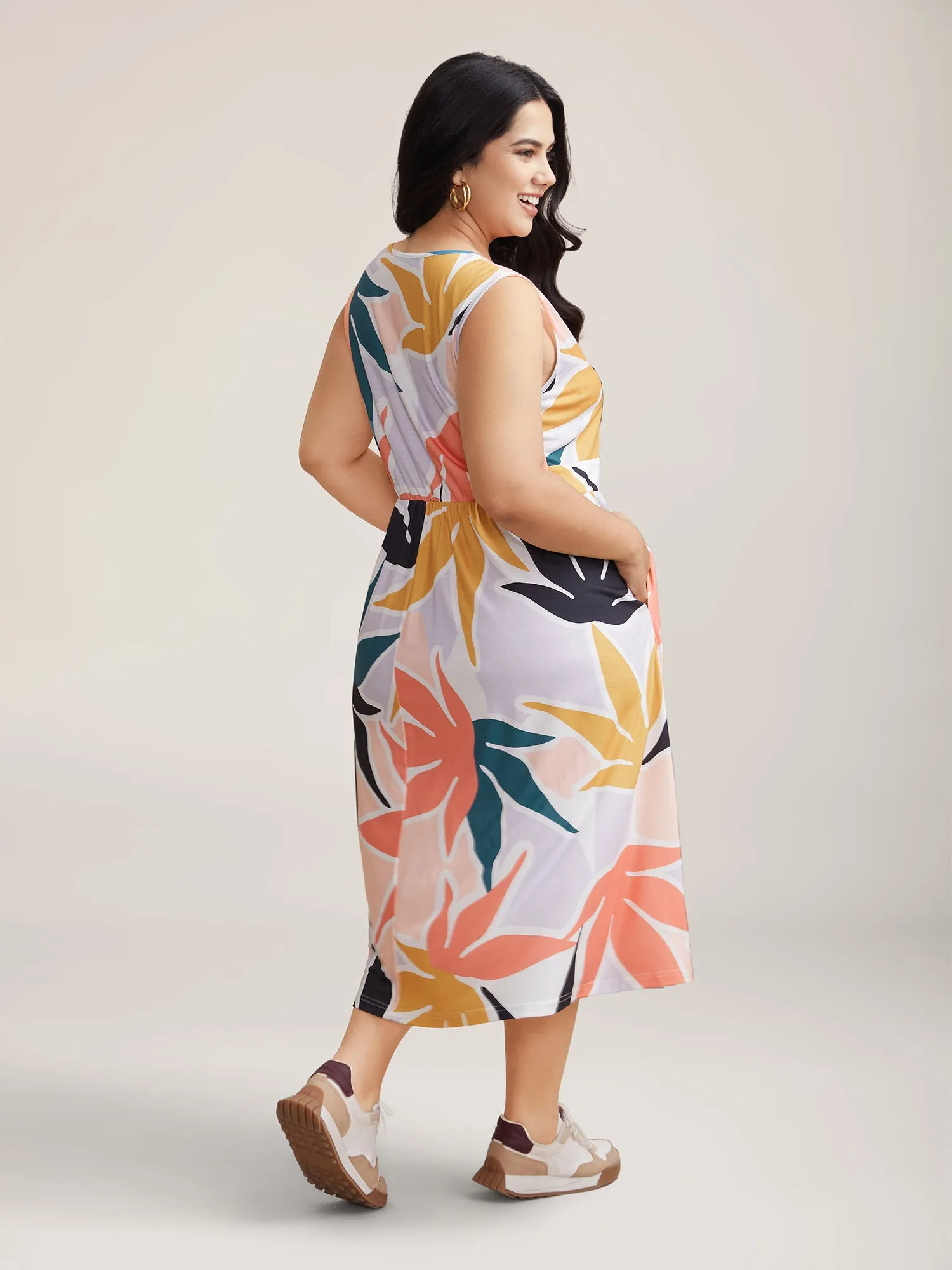 Fall Leaf Print Stretchy Waist Placket Midi Dress sold by Bloomchic product image thumbnail 5