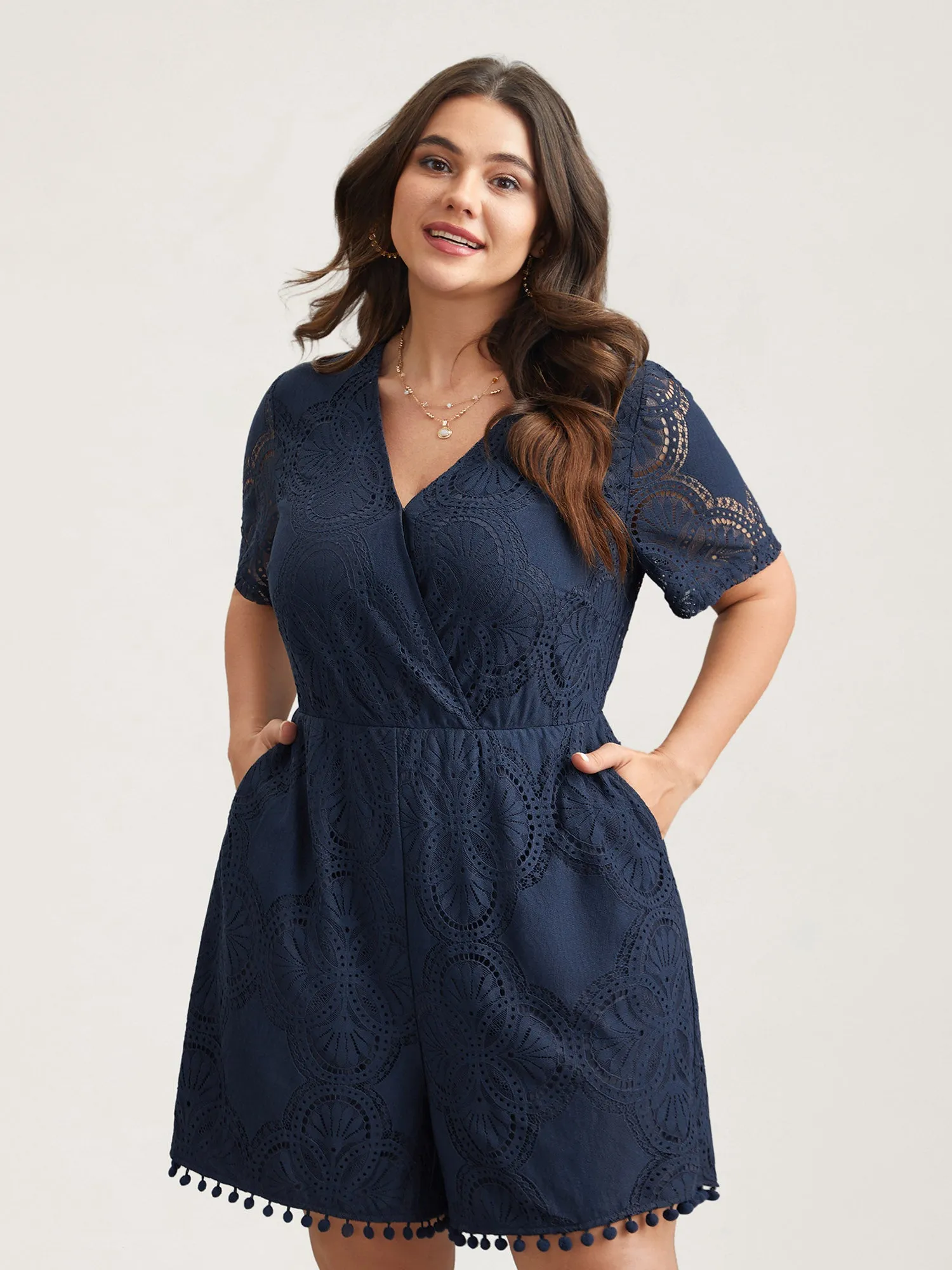 Lace Sleeve Stretchy Waist Pockets Romper sold by Bloomchic