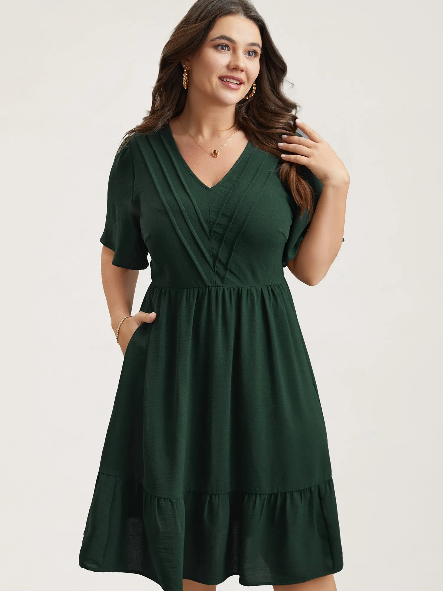 Bib-Front V-Neck Pockets Tiered Midi Dress sold by Bloomchic product image thumbnail 2