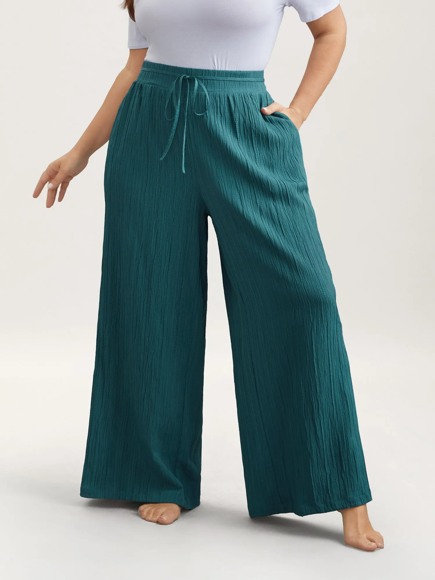 Textured Crinkled Waist-Tie Lounge Bottoms sold by Bloomchic