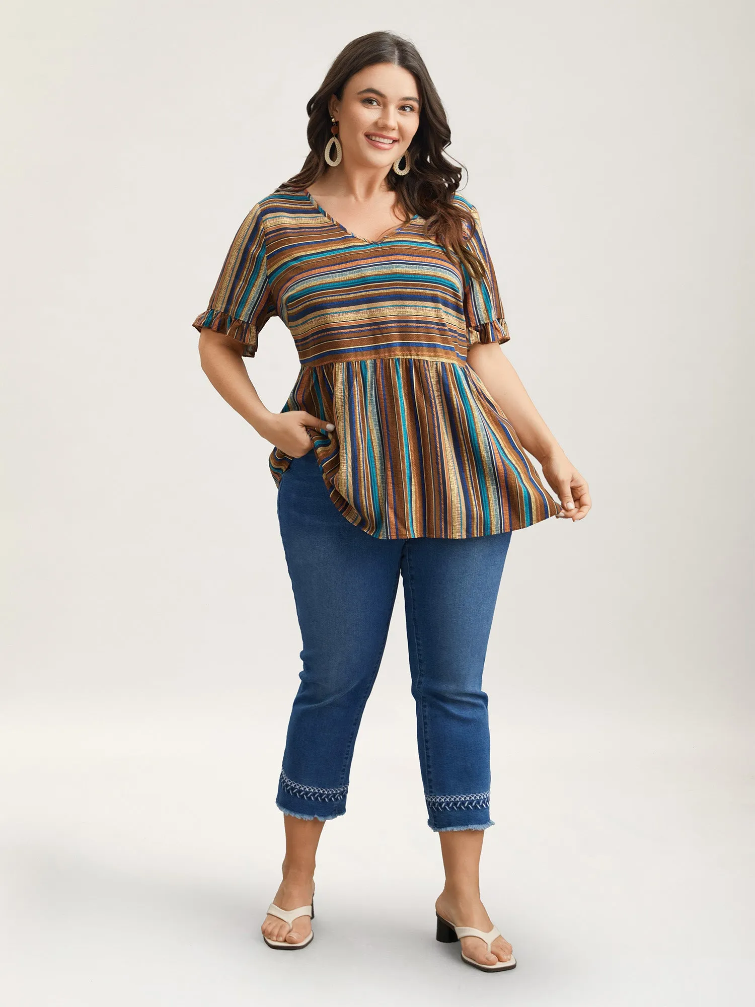 Striped V-Neck Peplum Shirt sold by Bloomchic product image thumbnail 2