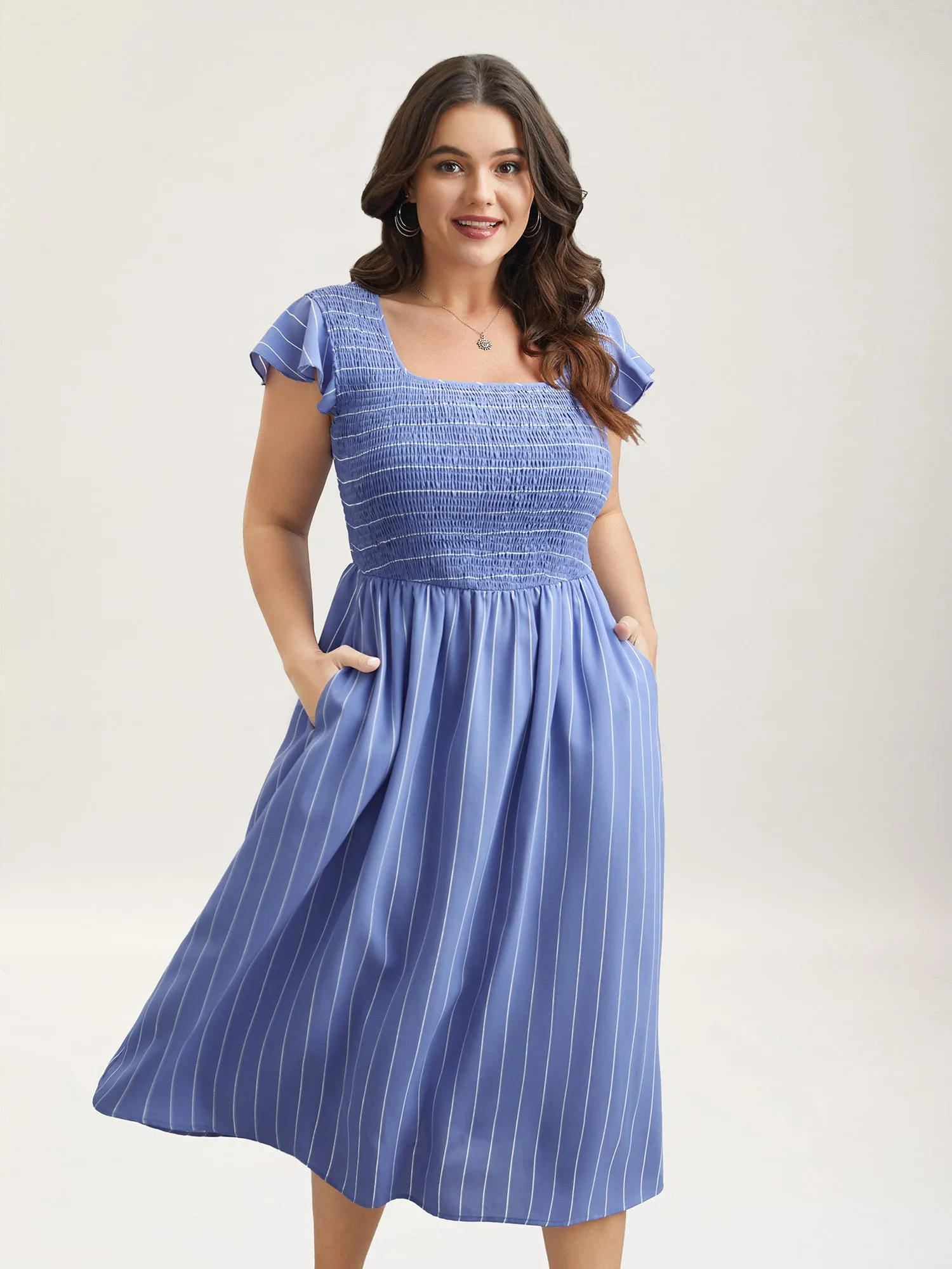 Striped Shirred Flutter Sleeve Midi Dress sold by Bloomchic product image thumbnail 2