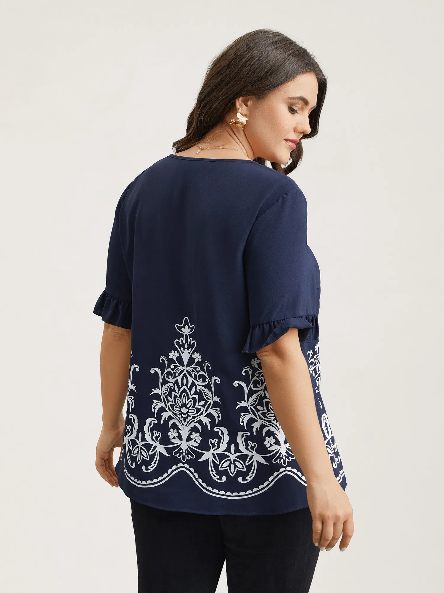 Floral Print Round Neck Ruffled Sleeve Shirt sold by Bloomchic product image thumbnail 5