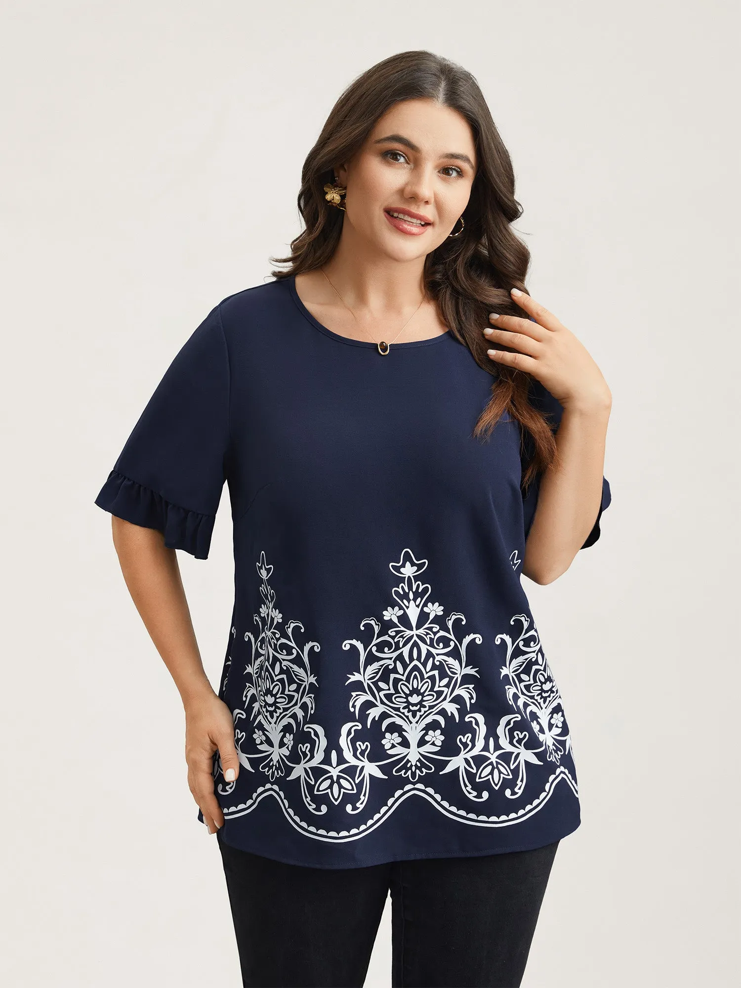 Floral Print Round Neck Ruffled Sleeve Shirt sold by Bloomchic product image thumbnail 3