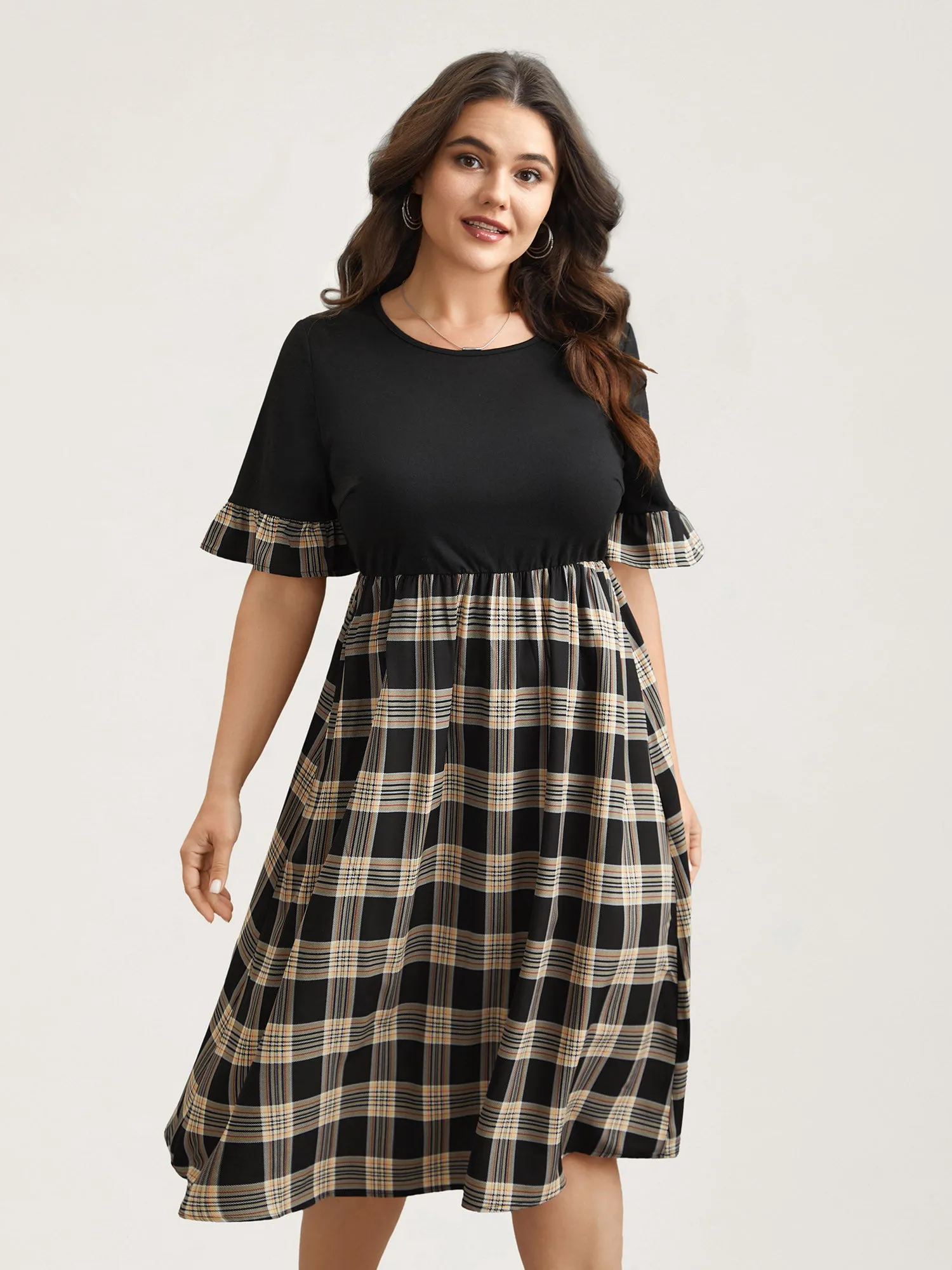 Plaid Color Block Flared Sleeve Midi Dress sold by Bloomchic product image thumbnail 3