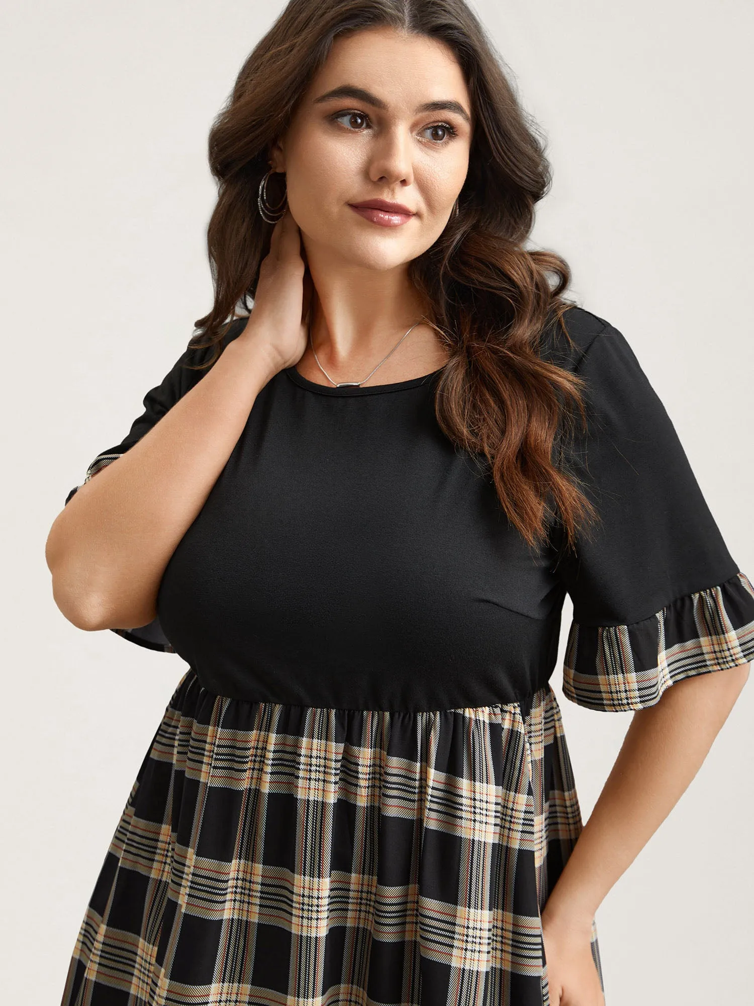 Plaid Color Block Flared Sleeve Midi Dress sold by Bloomchic
