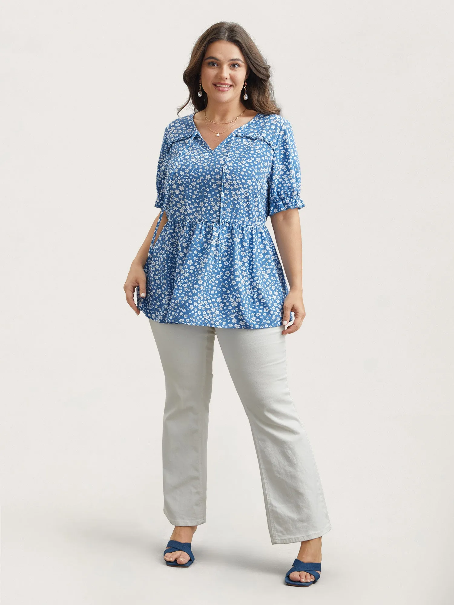 Floral Stretchy-Waist Ties Peplum Shirt sold by Bloomchic product image thumbnail 2