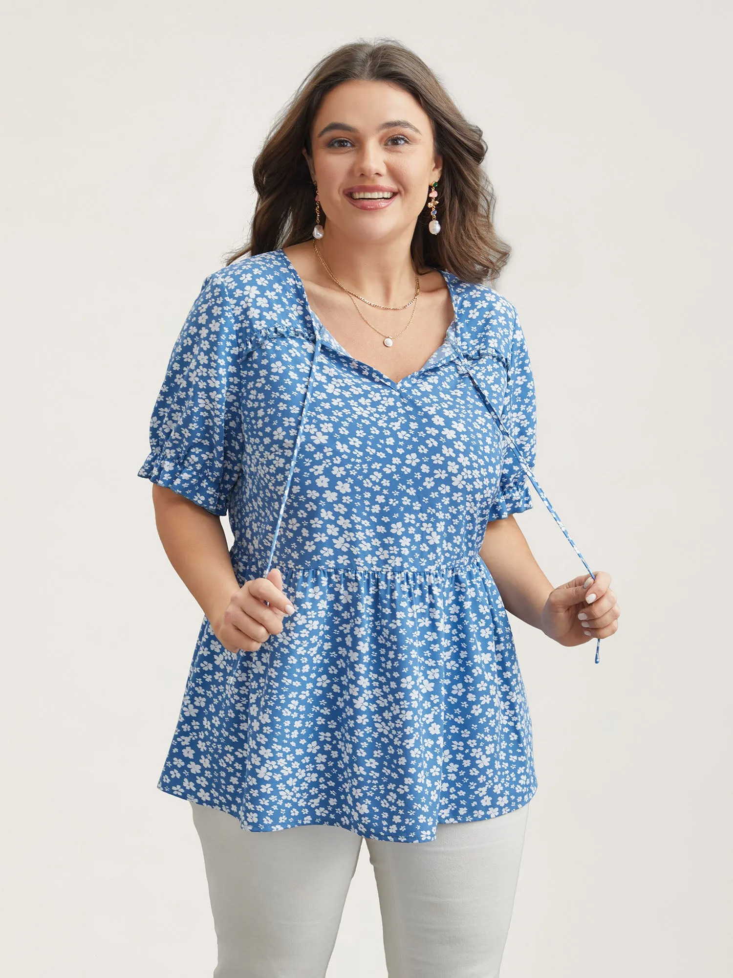 Floral Stretchy-Waist Ties Peplum Shirt sold by Bloomchic