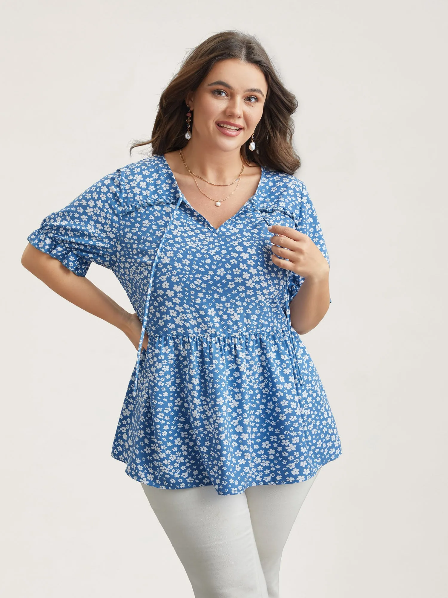 Floral Stretchy-Waist Ties Peplum Shirt sold by Bloomchic product image thumbnail 4