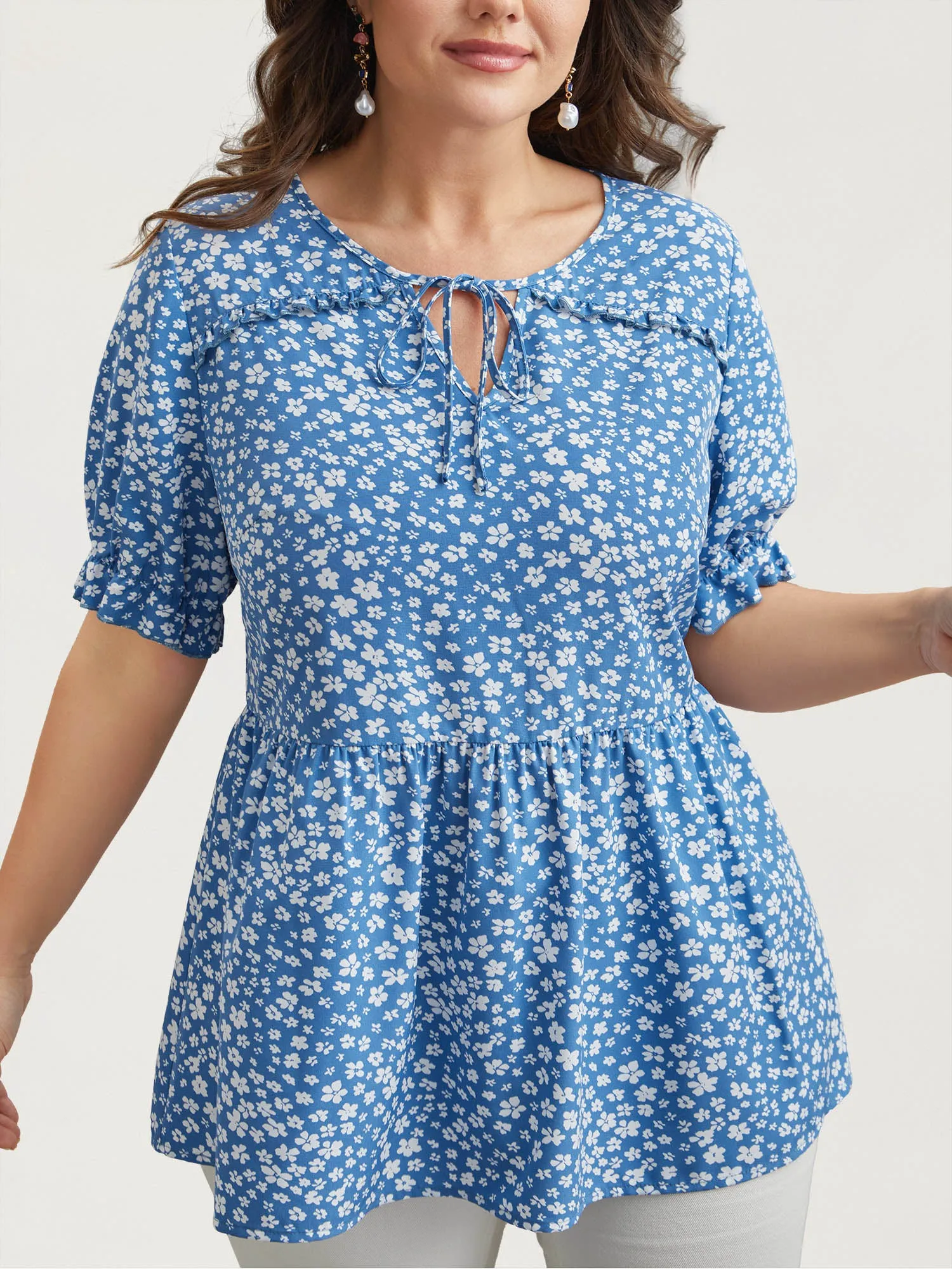 Floral Stretchy-Waist Ties Peplum Shirt sold by Bloomchic product image thumbnail 3