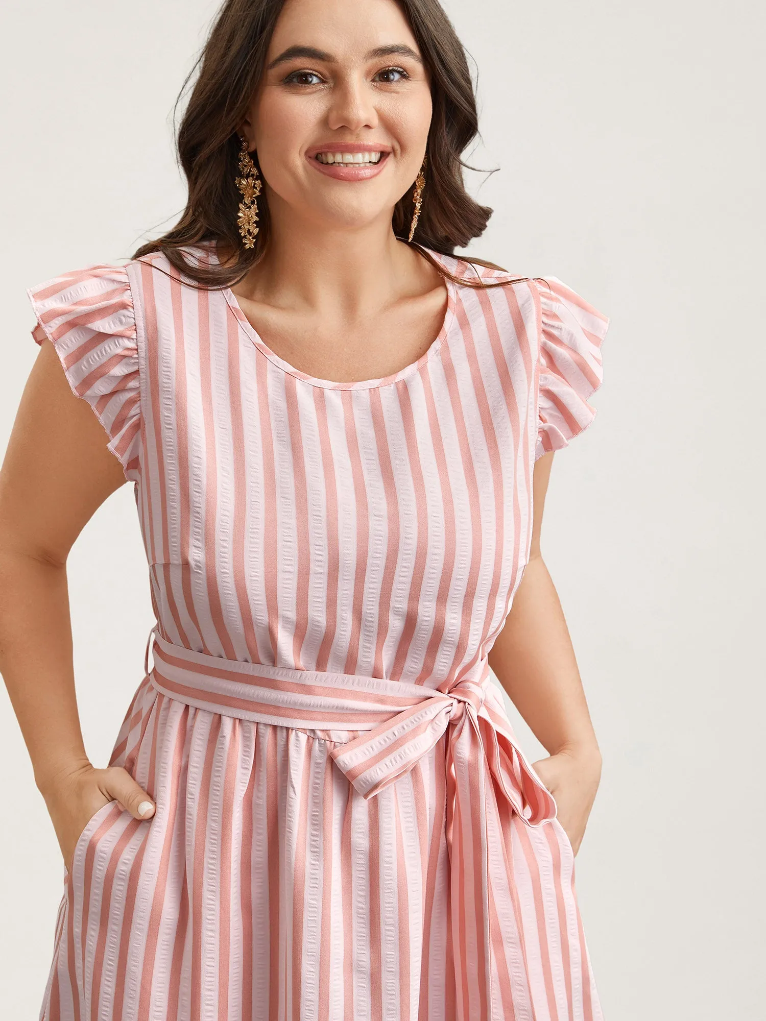 Pastel Stripes Belted Pockets Midi Dress sold by Bloomchic