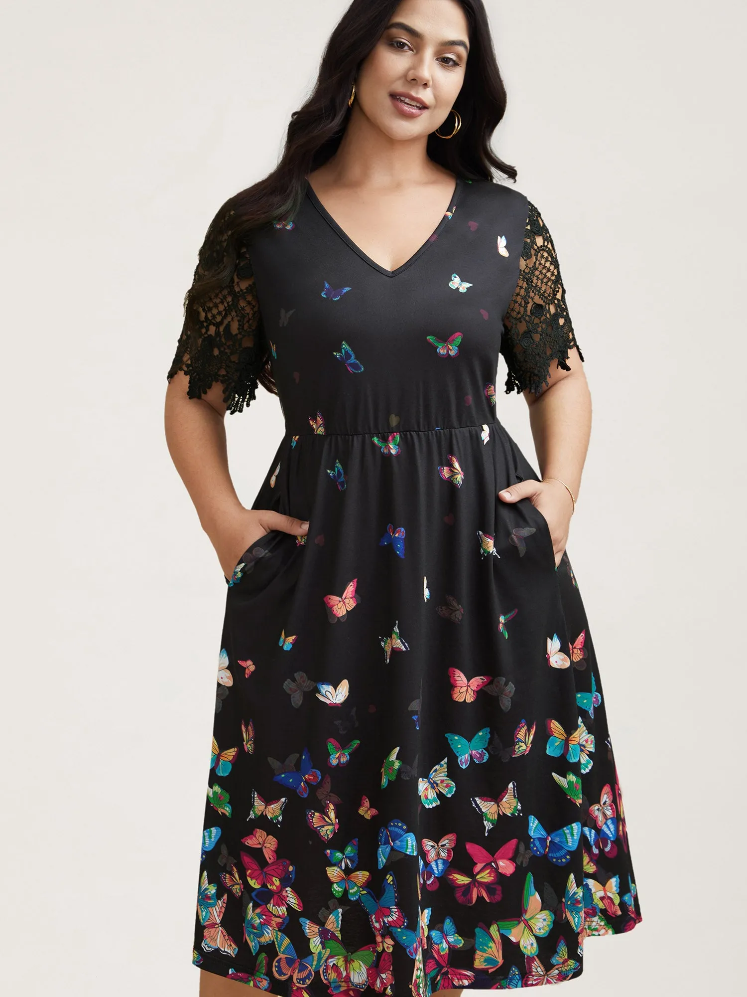 Butterfly Print V-Neck Lace Midi Dress sold by Bloomchic