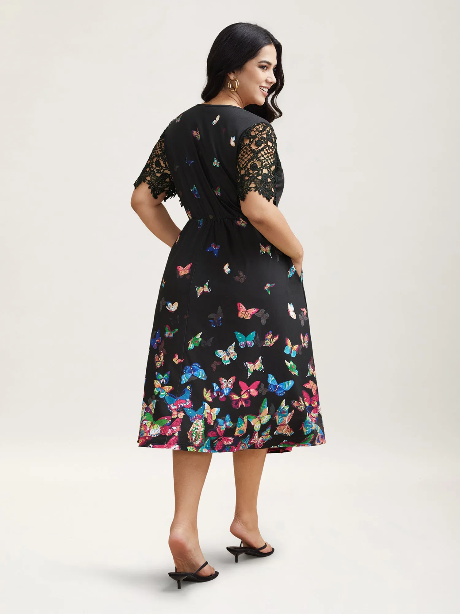 Butterfly Print V-Neck Lace Midi Dress sold by Bloomchic product image thumbnail 5