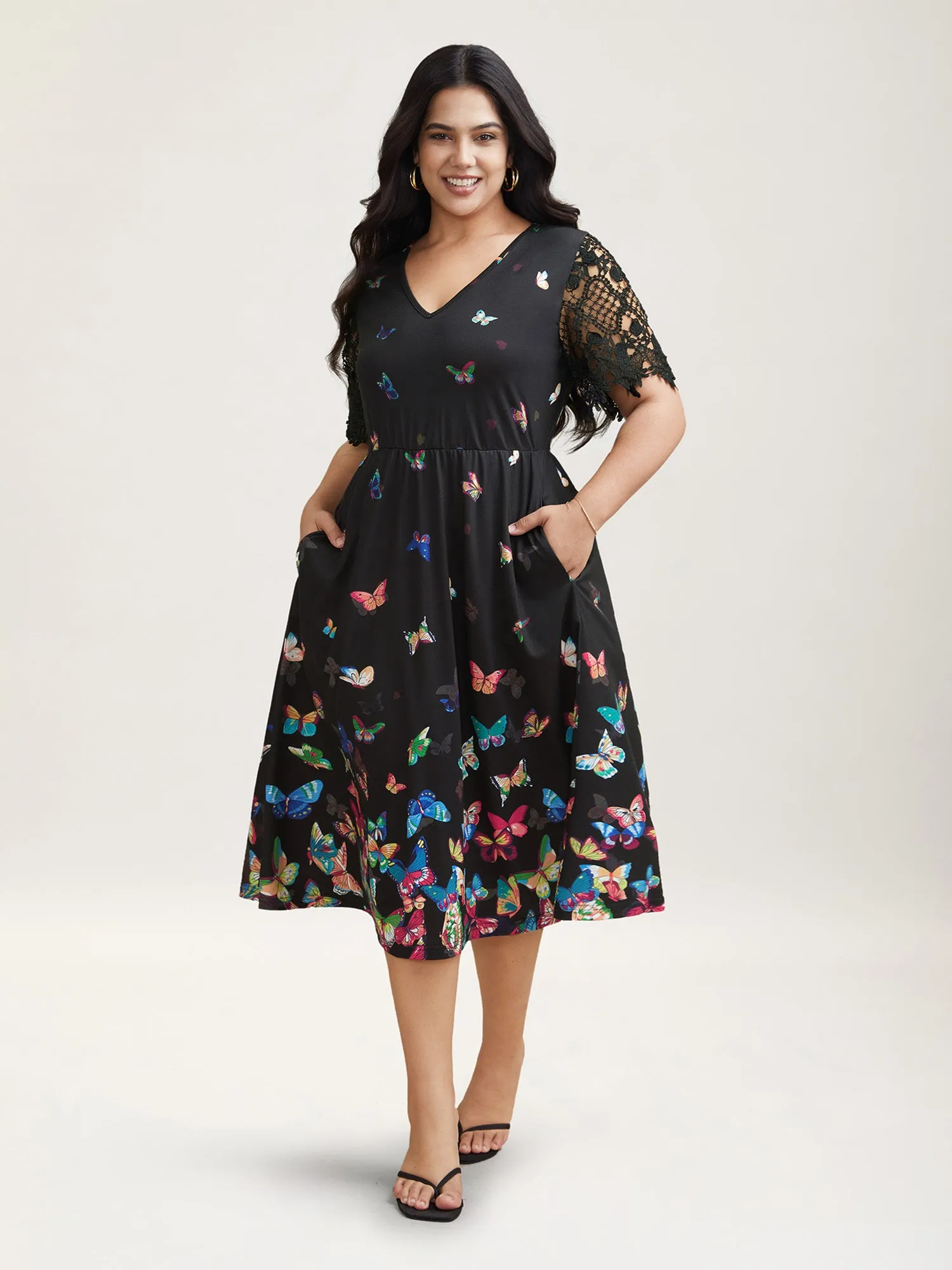 Butterfly Print V-Neck Lace Midi Dress sold by Bloomchic product image thumbnail 4