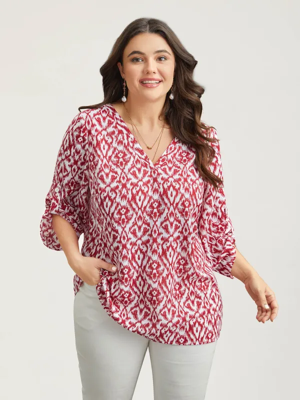 Geometric Print Gathered Sleeve Shirt sold by Bloomchic