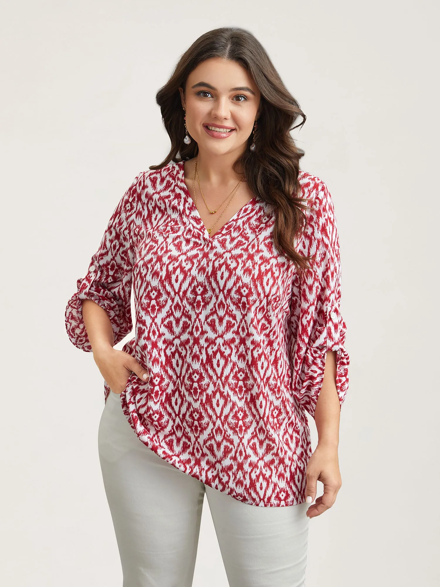 Geometric Print Gathered Sleeve Shirt sold by Bloomchic product image thumbnail 3