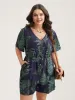 Tropical Leaf Print Pockets Button Romper sold by Bloomchic