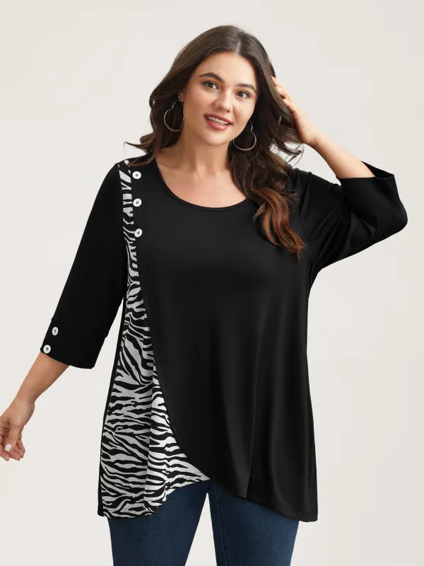 Zebra Print Panel Round Neck T-Shirt sold by Bloomchic