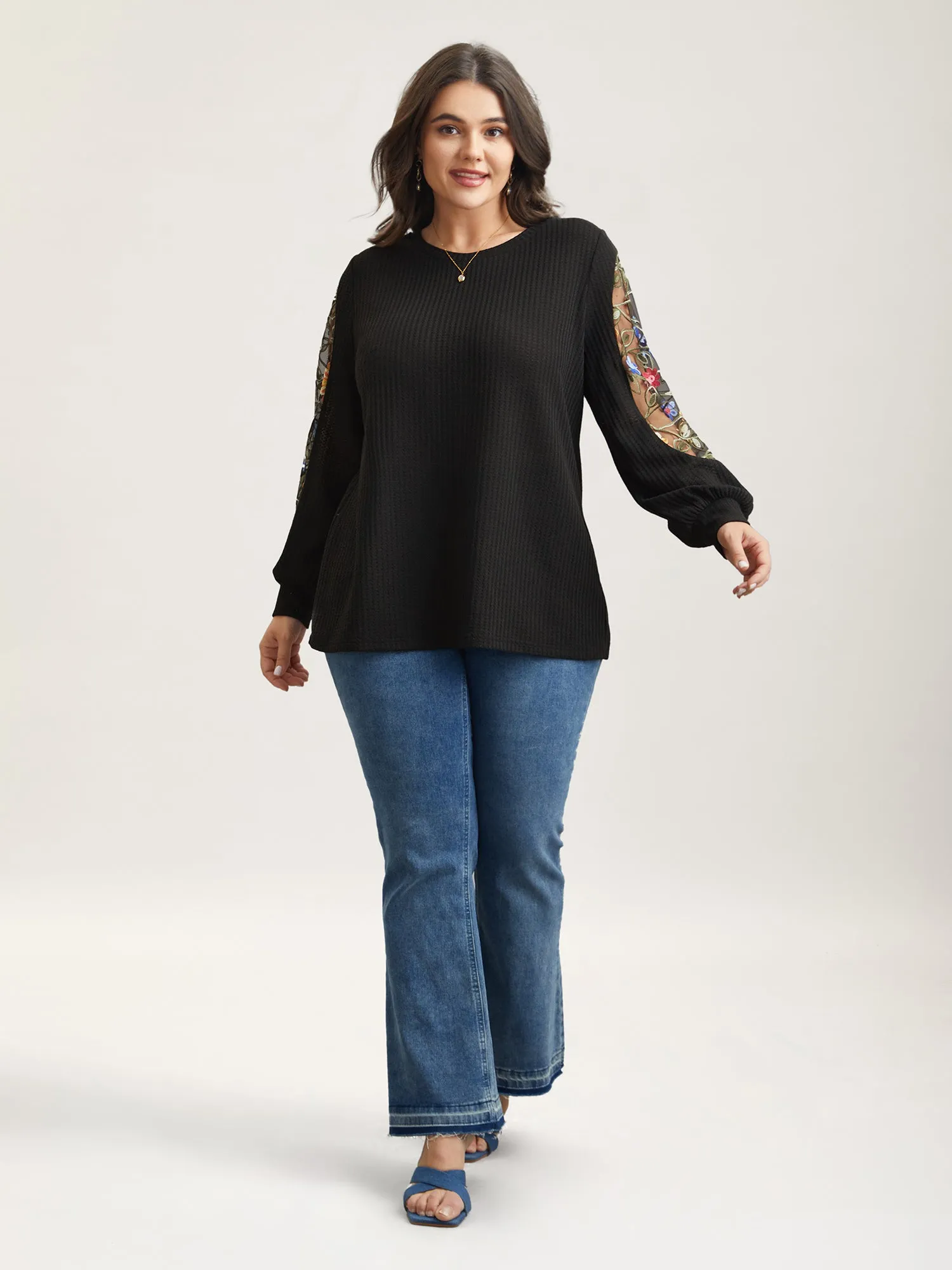 Sheer Floral Sleeve Stretchy Knit Top sold by Bloomchic product image thumbnail 4