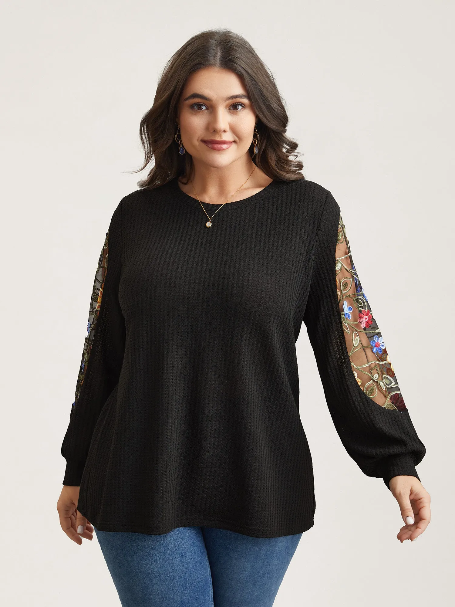 Sheer Floral Sleeve Stretchy Knit Top sold by Bloomchic