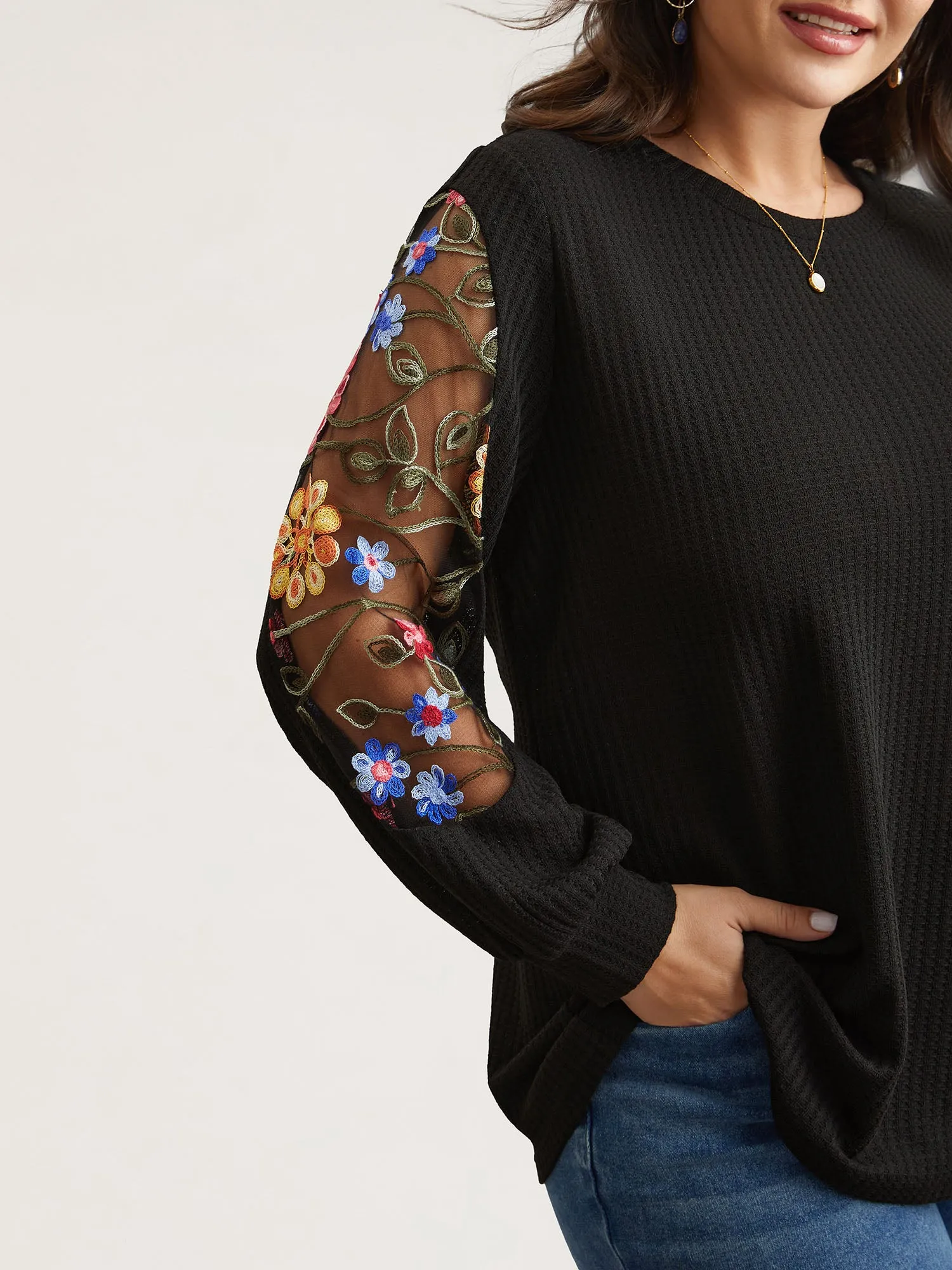 Sheer Floral Sleeve Stretchy Knit Top sold by Bloomchic product image thumbnail 5