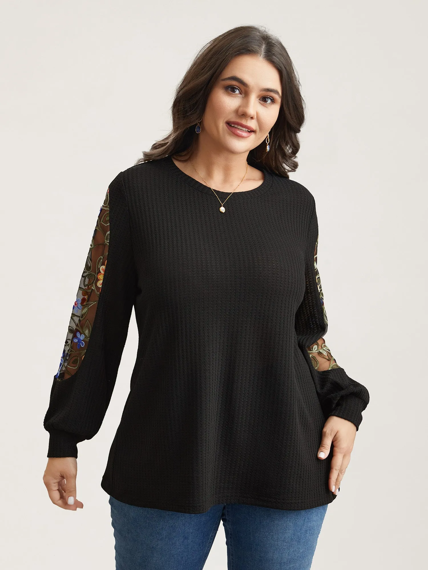 Sheer Floral Sleeve Stretchy Knit Top sold by Bloomchic product image thumbnail 2