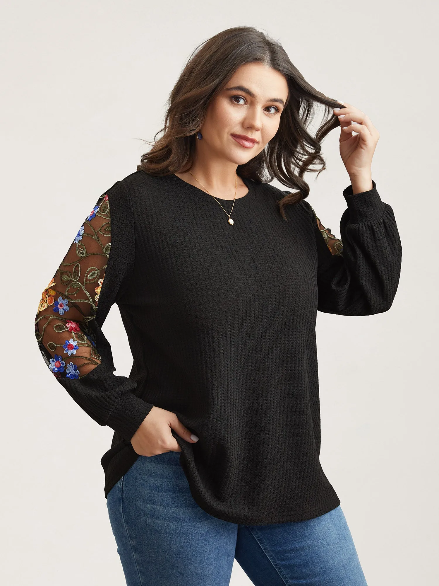 Sheer Floral Sleeve Stretchy Knit Top sold by Bloomchic product image thumbnail 3