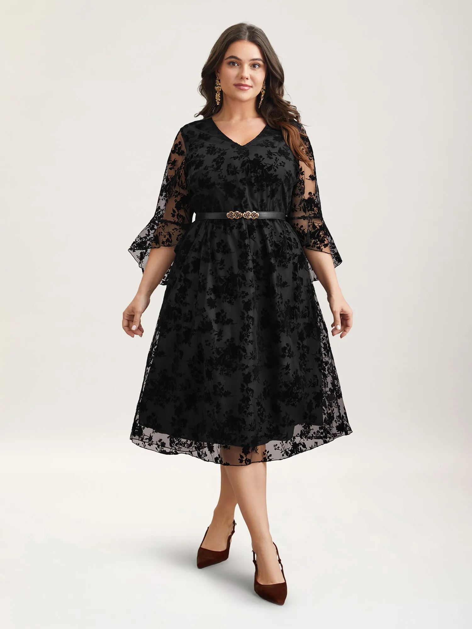 Sheer Textured Waist-Cinched Midi Dress sold by Bloomchic