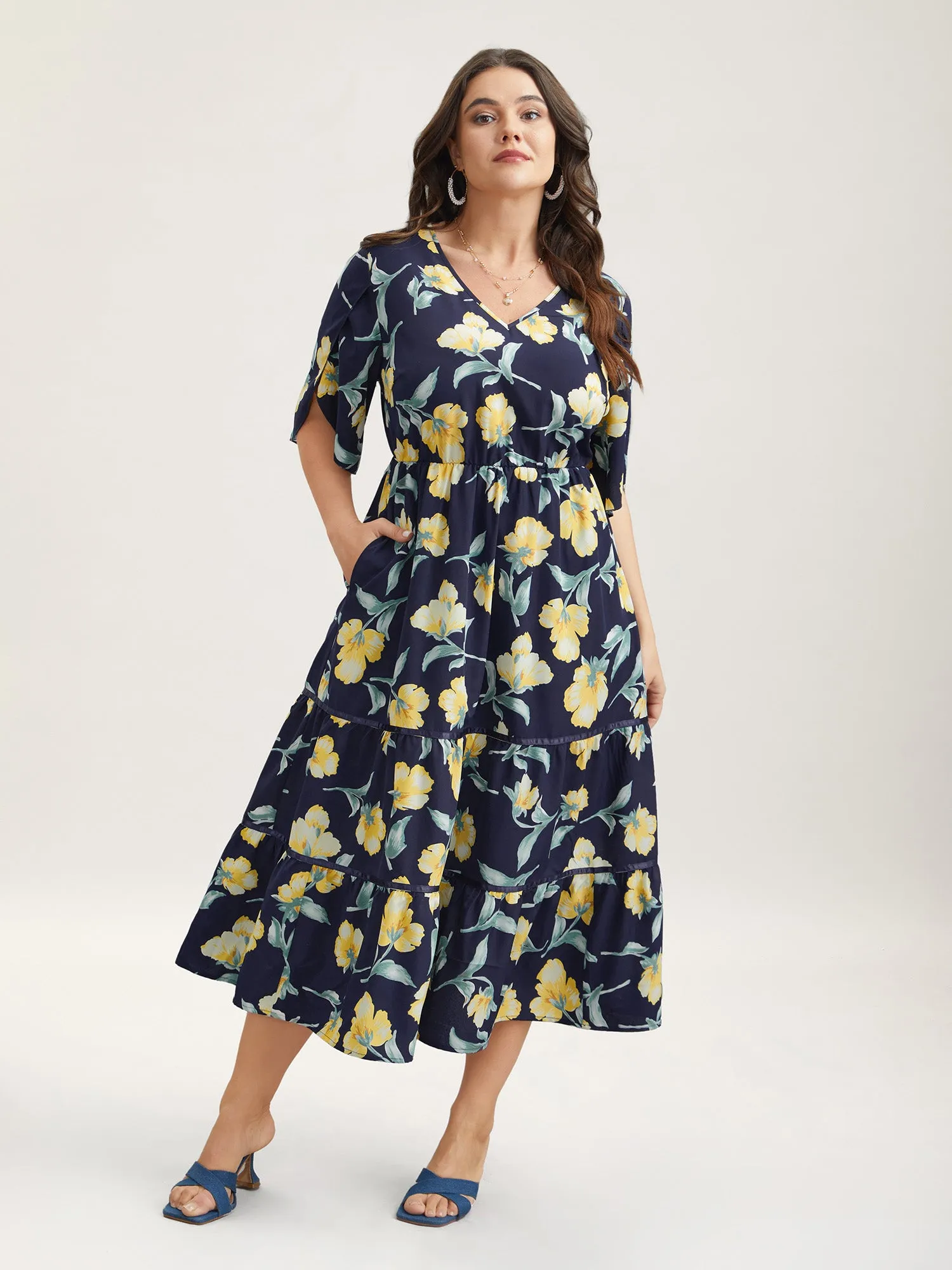 Spring Flowers V-Neck Tiered Midi Dress sold by Bloomchic product image thumbnail 2