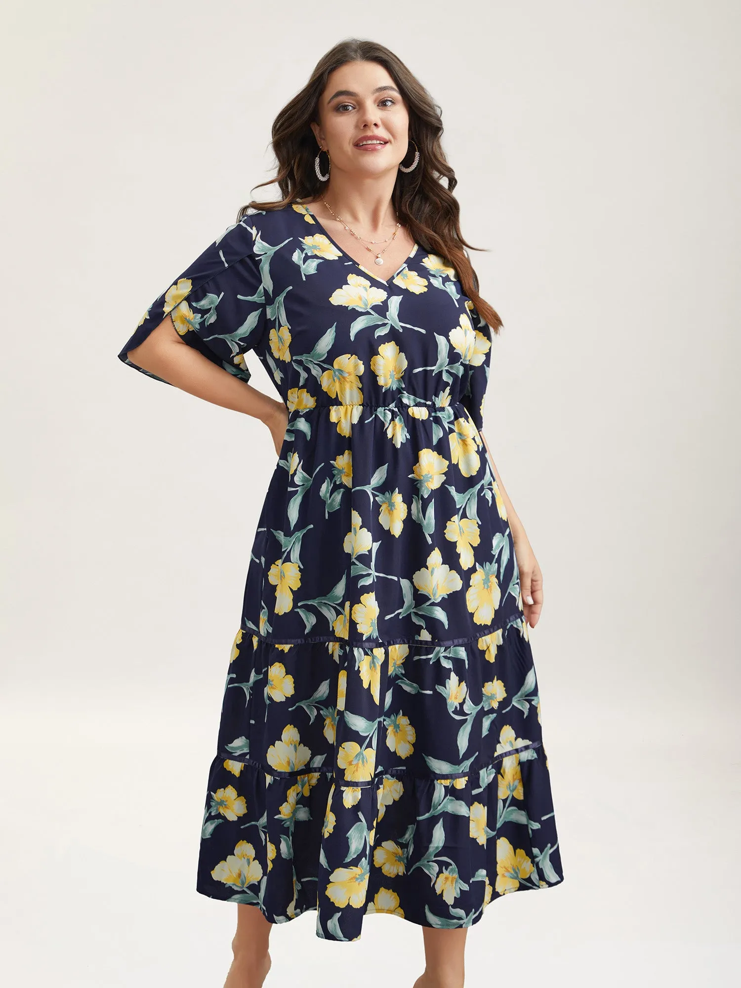 Spring Flowers V-Neck Tiered Midi Dress sold by Bloomchic product image thumbnail 3